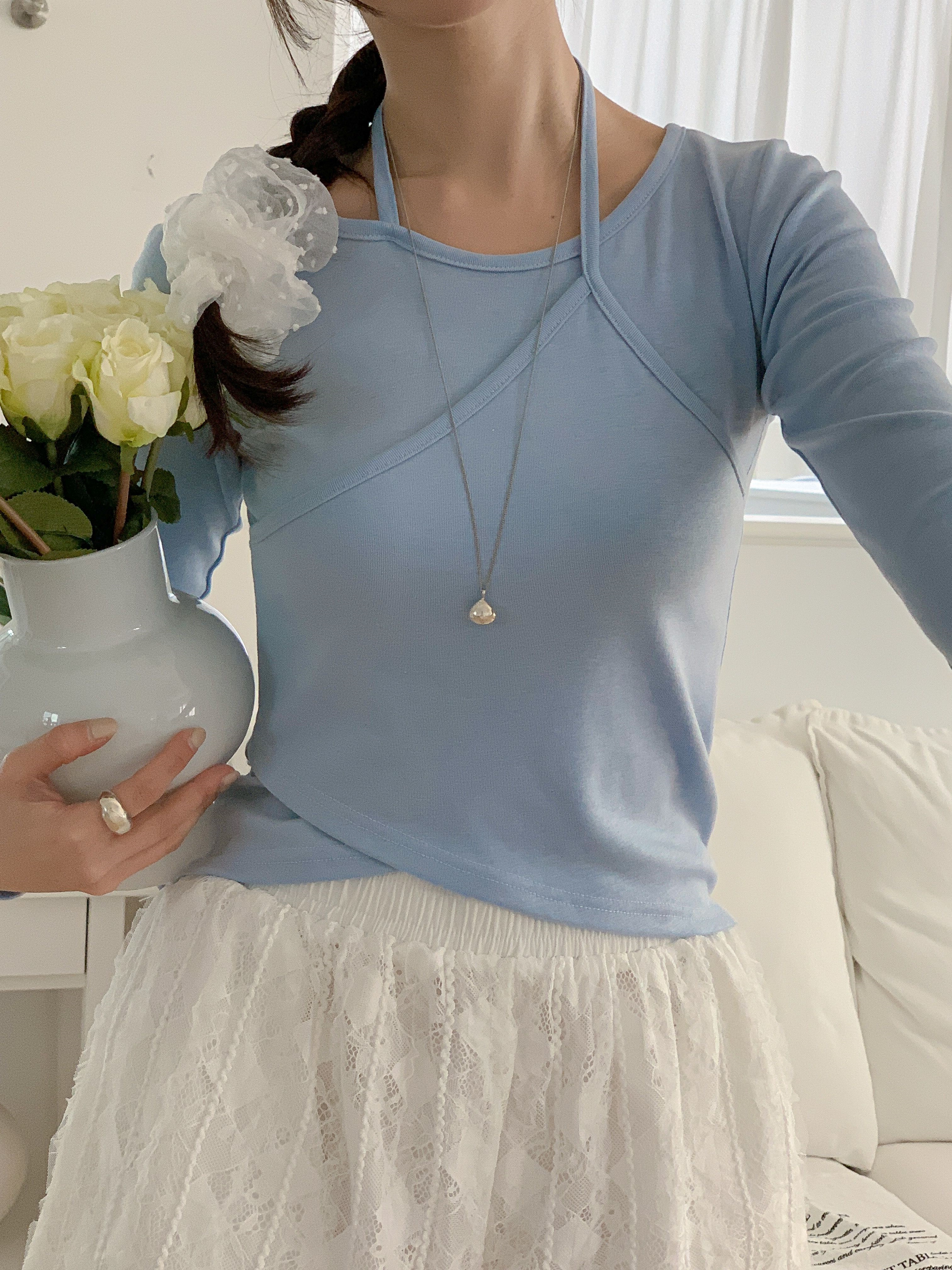 ラウンドネックスリムアンバランス長袖セミクロップド無地Tシャツ | 詳細画像13