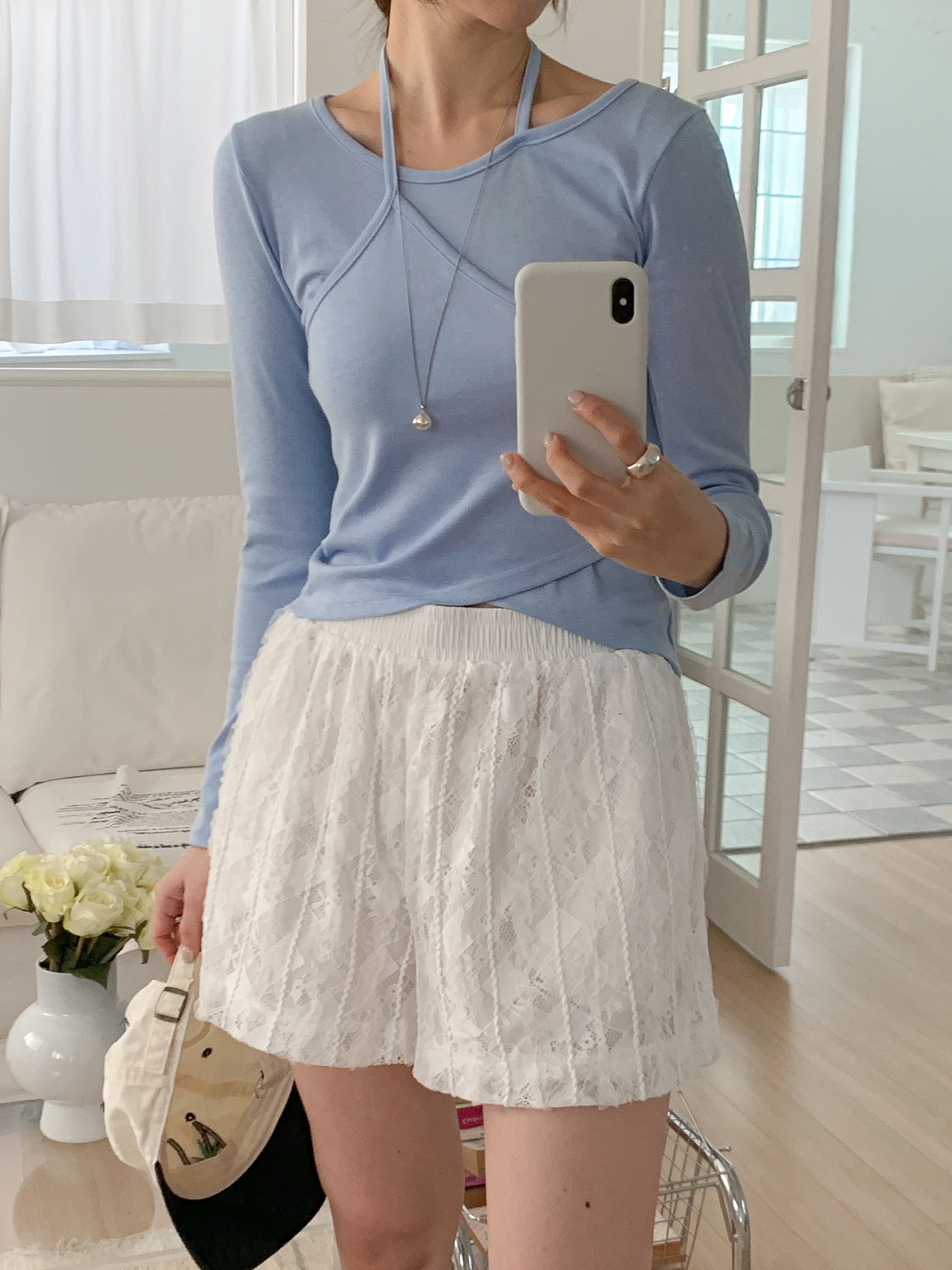 ラウンドネックスリムアンバランス長袖セミクロップド無地Tシャツ | 詳細画像17