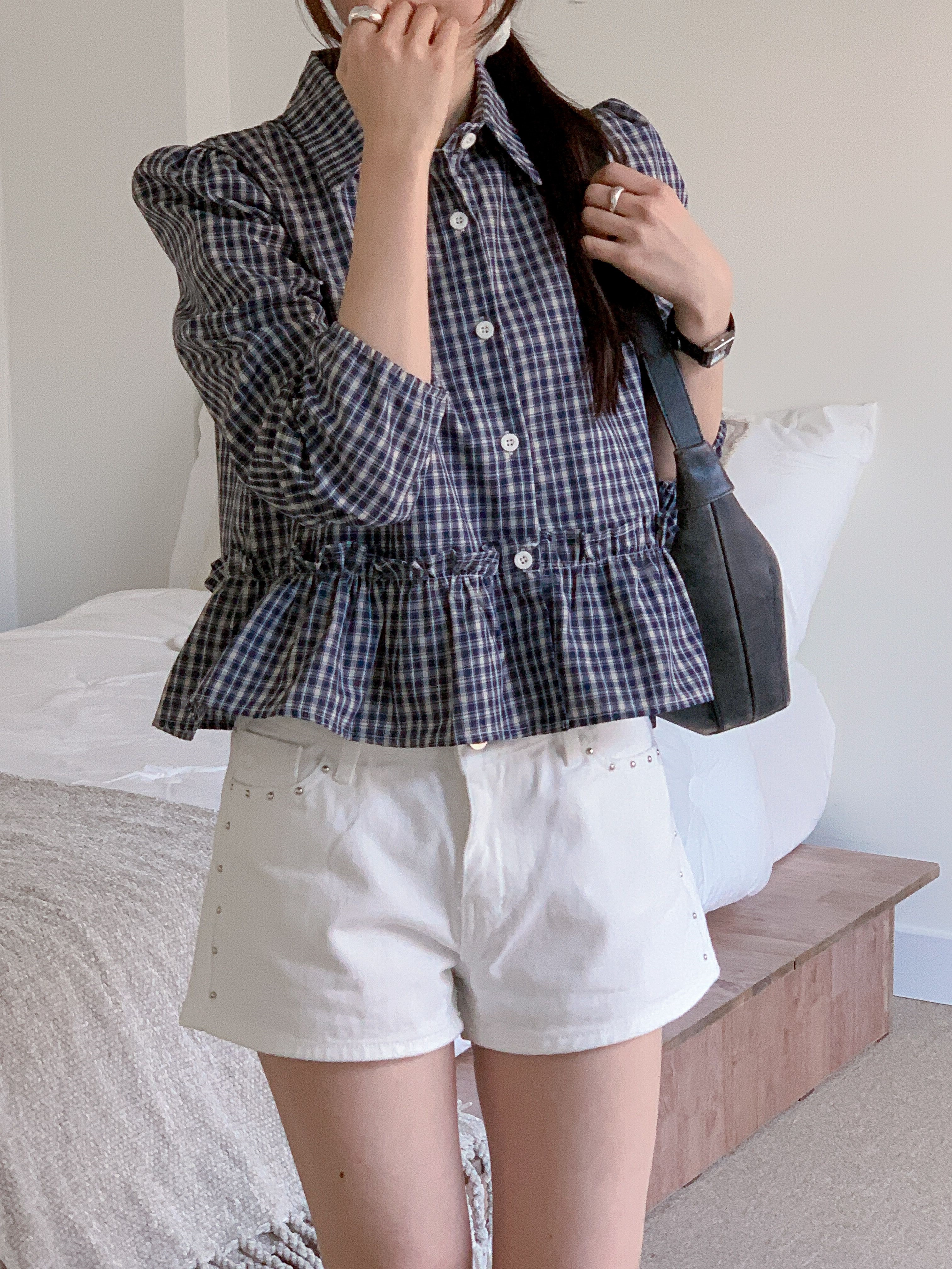 リネン混ボタンカラーパフスリーブルーズ長袖フレアセミクロップドチェックブラウス | 詳細画像9