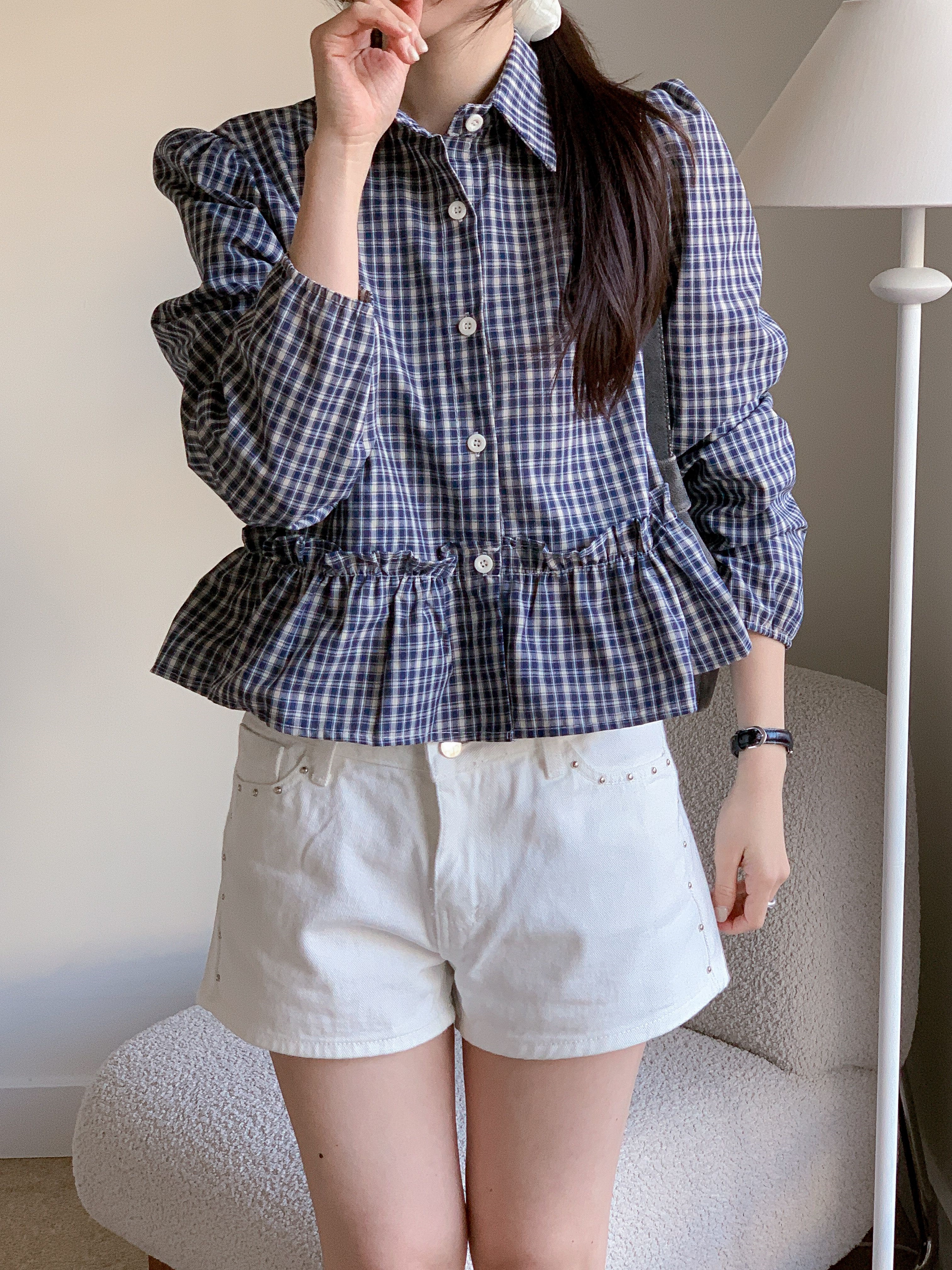 リネン混ボタンカラーパフスリーブルーズ長袖フレアセミクロップドチェックブラウス | 詳細画像7