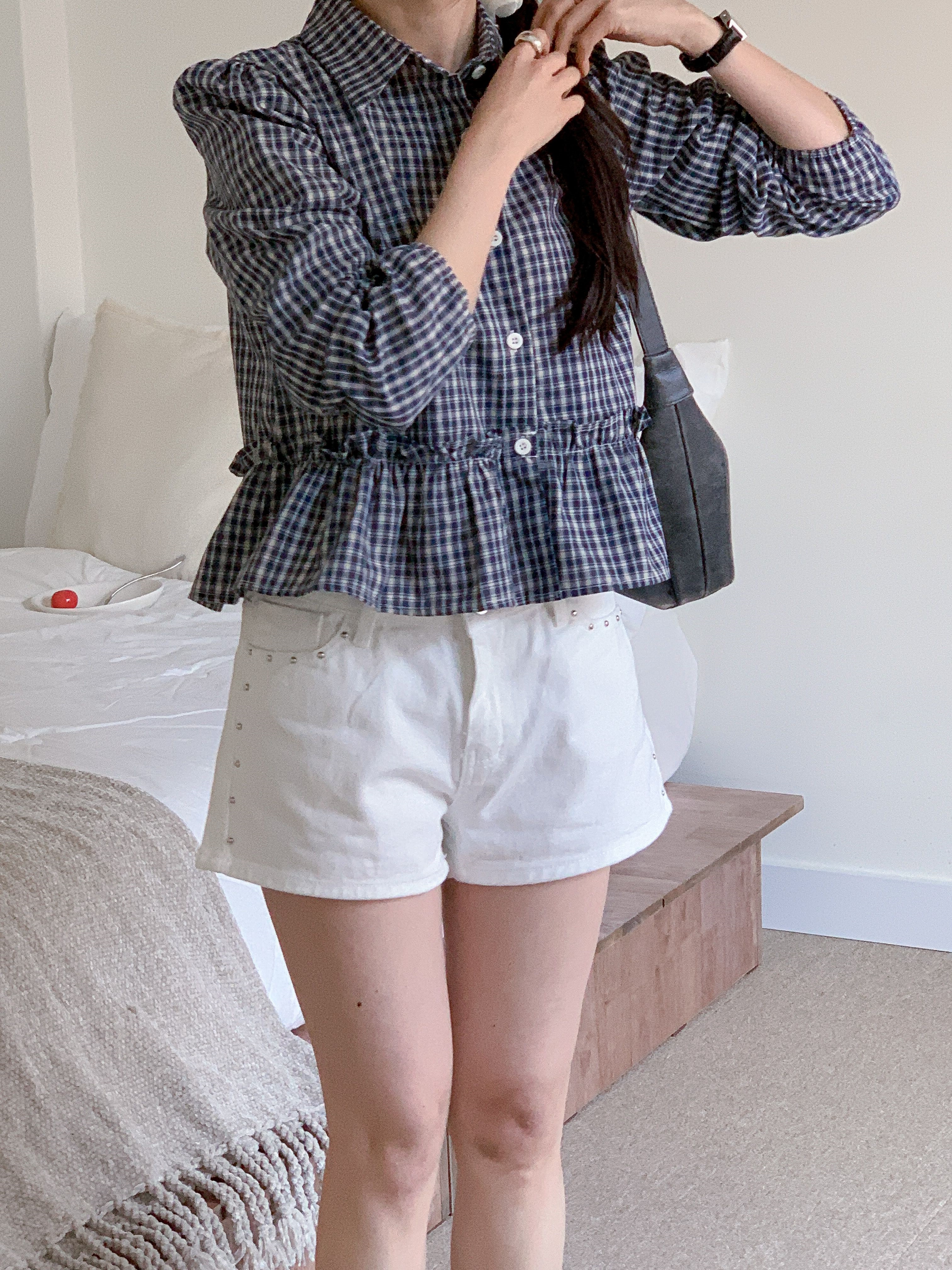 リネン混ボタンカラーパフスリーブルーズ長袖フレアセミクロップドチェックブラウス | 詳細画像11