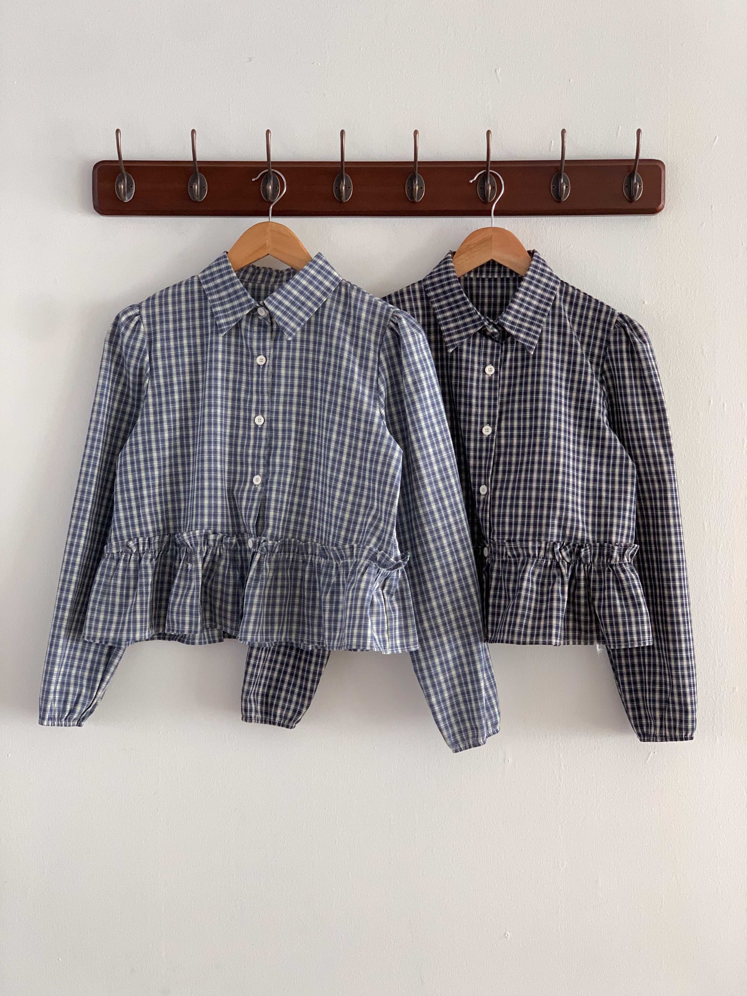 リネン混ボタンカラーパフスリーブルーズ長袖フレアセミクロップドチェックブラウス | 詳細画像20