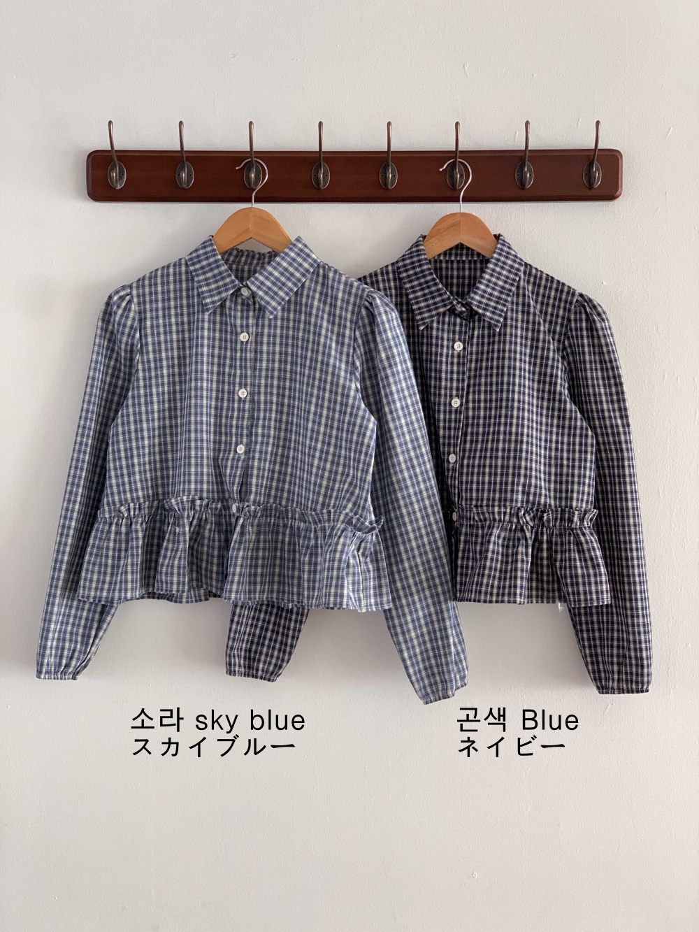 リネン混ボタンカラーパフスリーブルーズ長袖フレアセミクロップドチェックブラウス | 詳細画像22