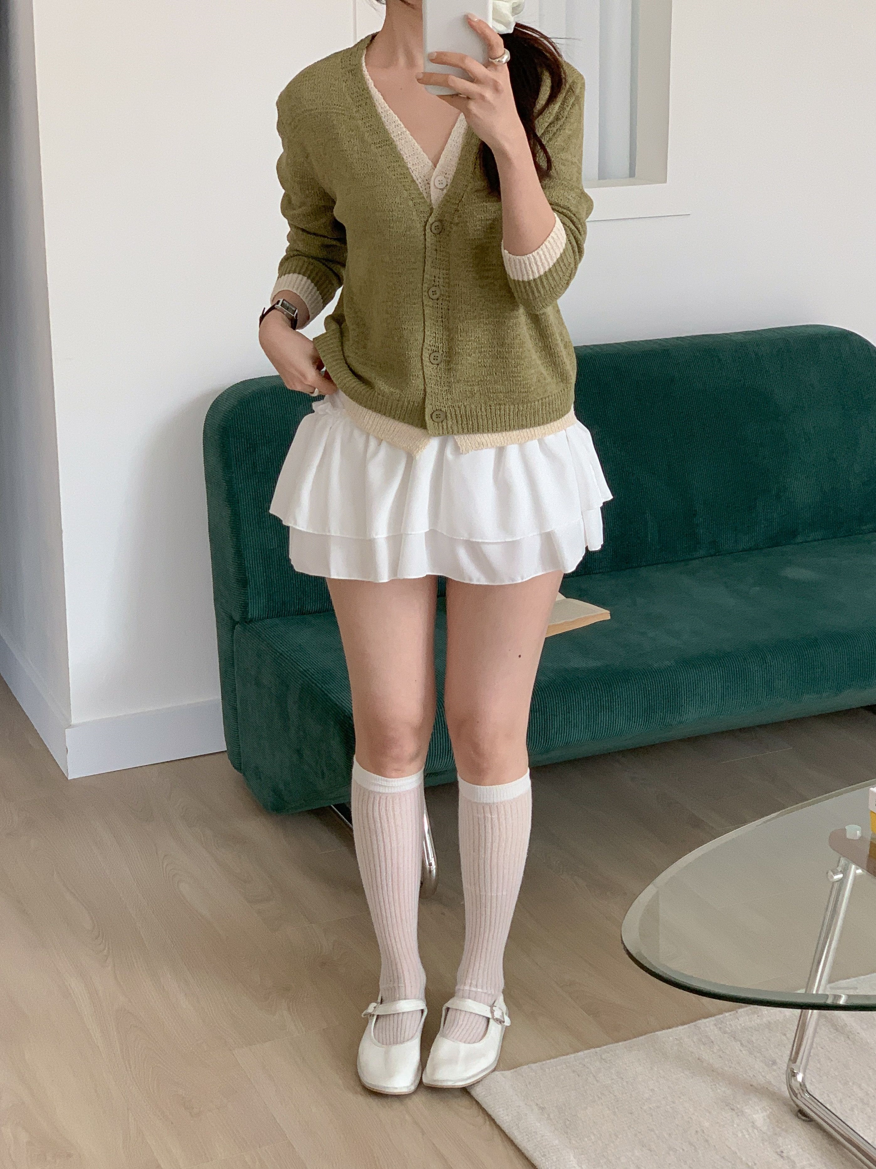 ボタンVネックレイヤード風ルーズ長袖配色カーディガン | 詳細画像4