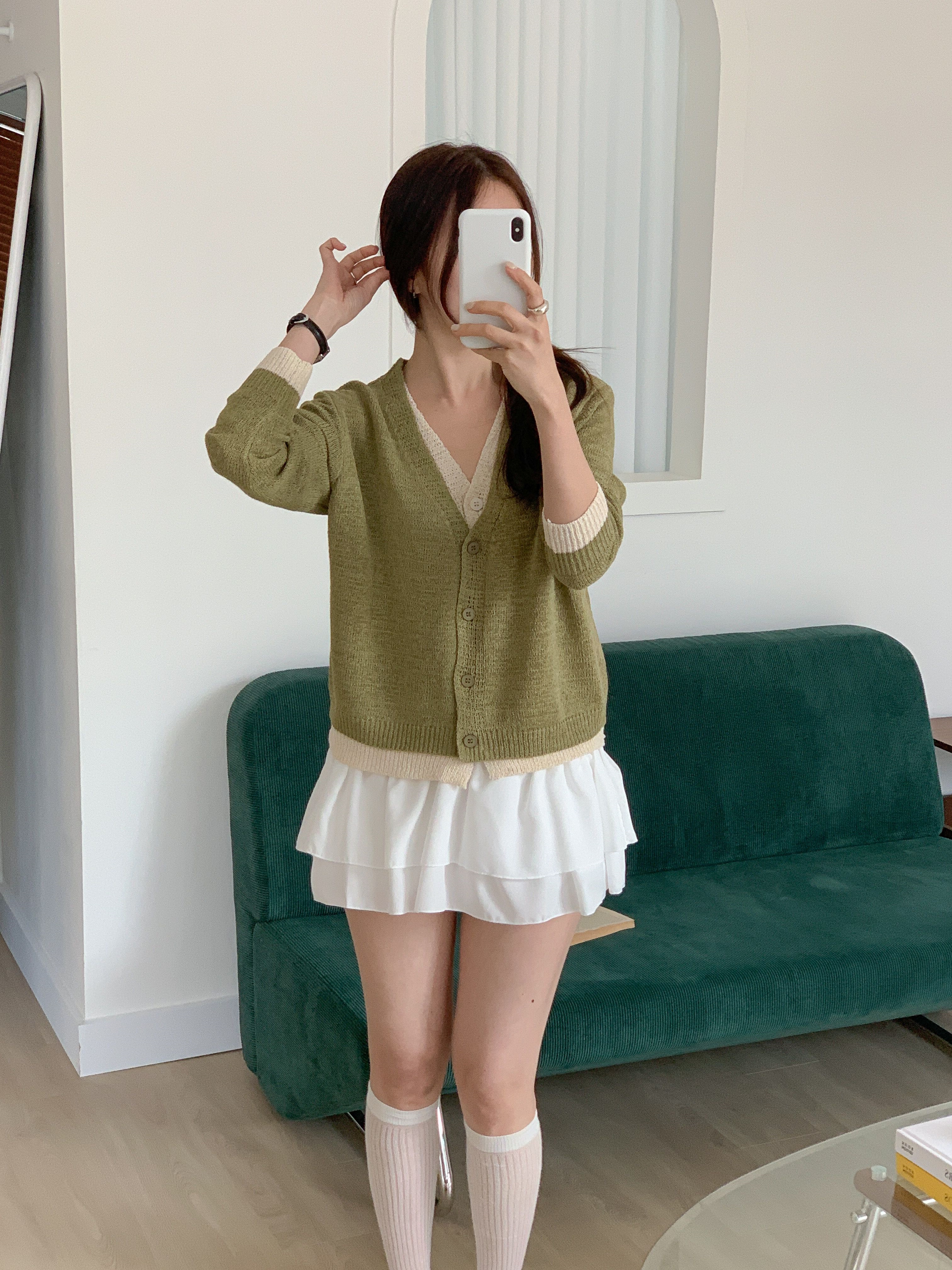 ボタンVネックレイヤード風ルーズ長袖配色カーディガン | 詳細画像7