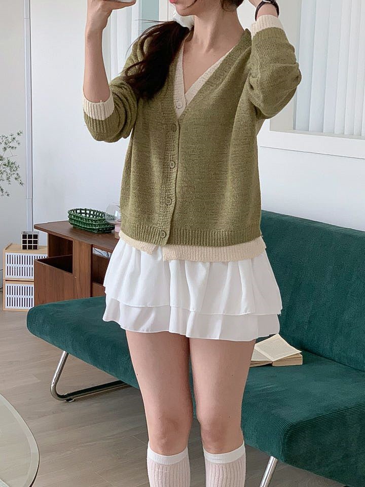 ボタンVネックレイヤード風ルーズ長袖配色カーディガン | 詳細画像9