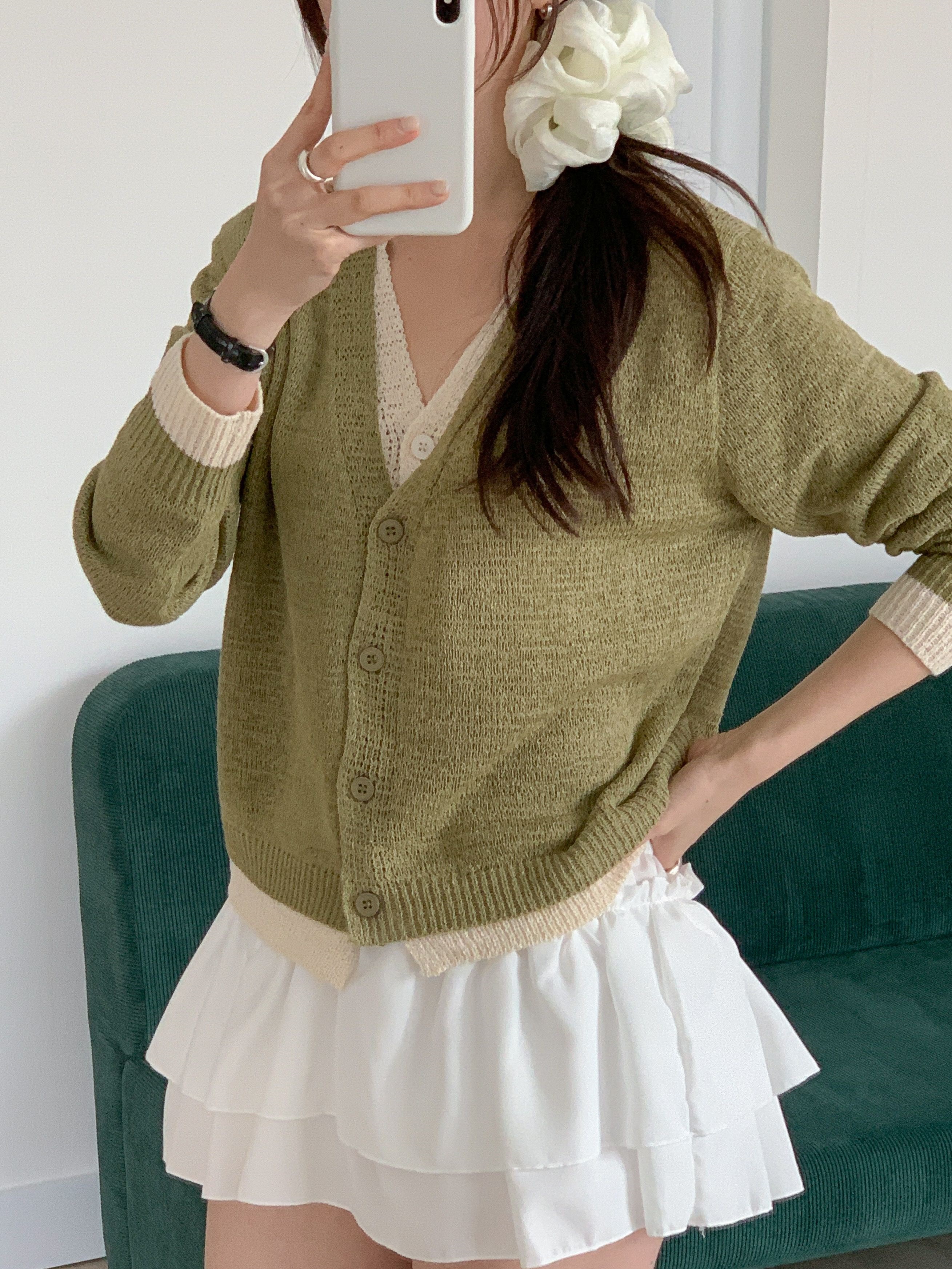 ボタンVネックレイヤード風ルーズ長袖配色カーディガン | 詳細画像11