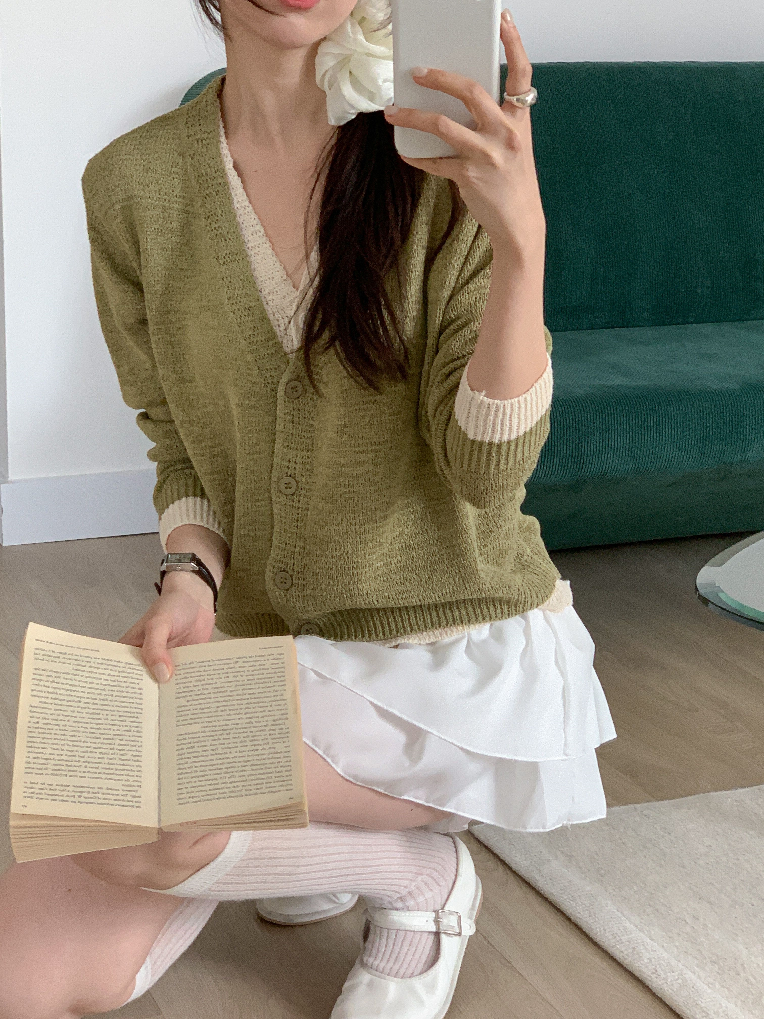 ボタンVネックレイヤード風ルーズ長袖配色カーディガン | 詳細画像13