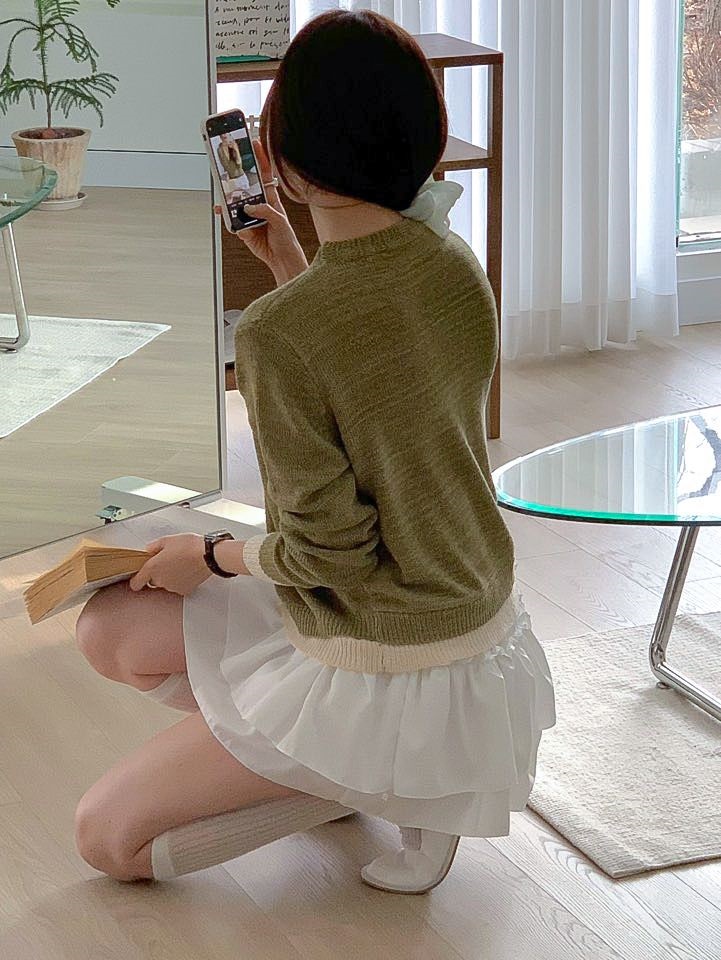 ボタンVネックレイヤード風ルーズ長袖配色カーディガン | 詳細画像15