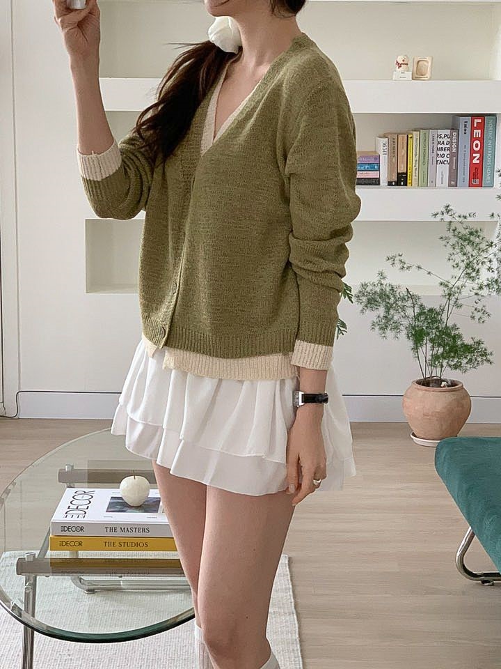 ボタンVネックレイヤード風ルーズ長袖配色カーディガン | 詳細画像17