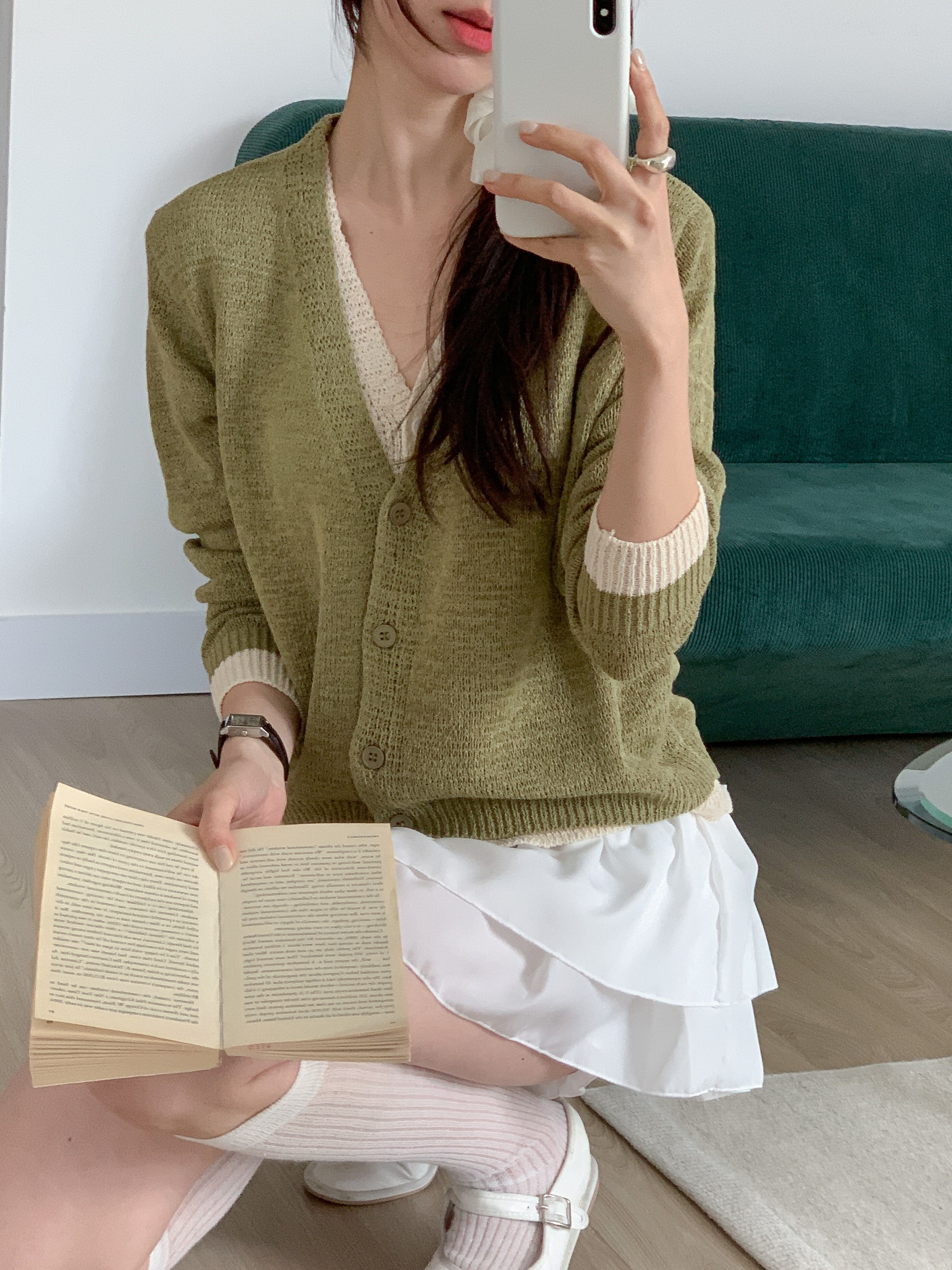 ボタンVネックレイヤード風ルーズ長袖配色カーディガン | 詳細画像18