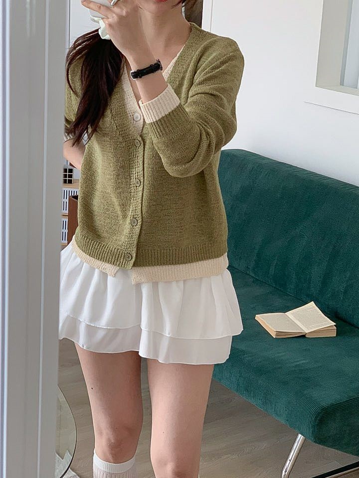 ボタンVネックレイヤード風ルーズ長袖配色カーディガン | 詳細画像20