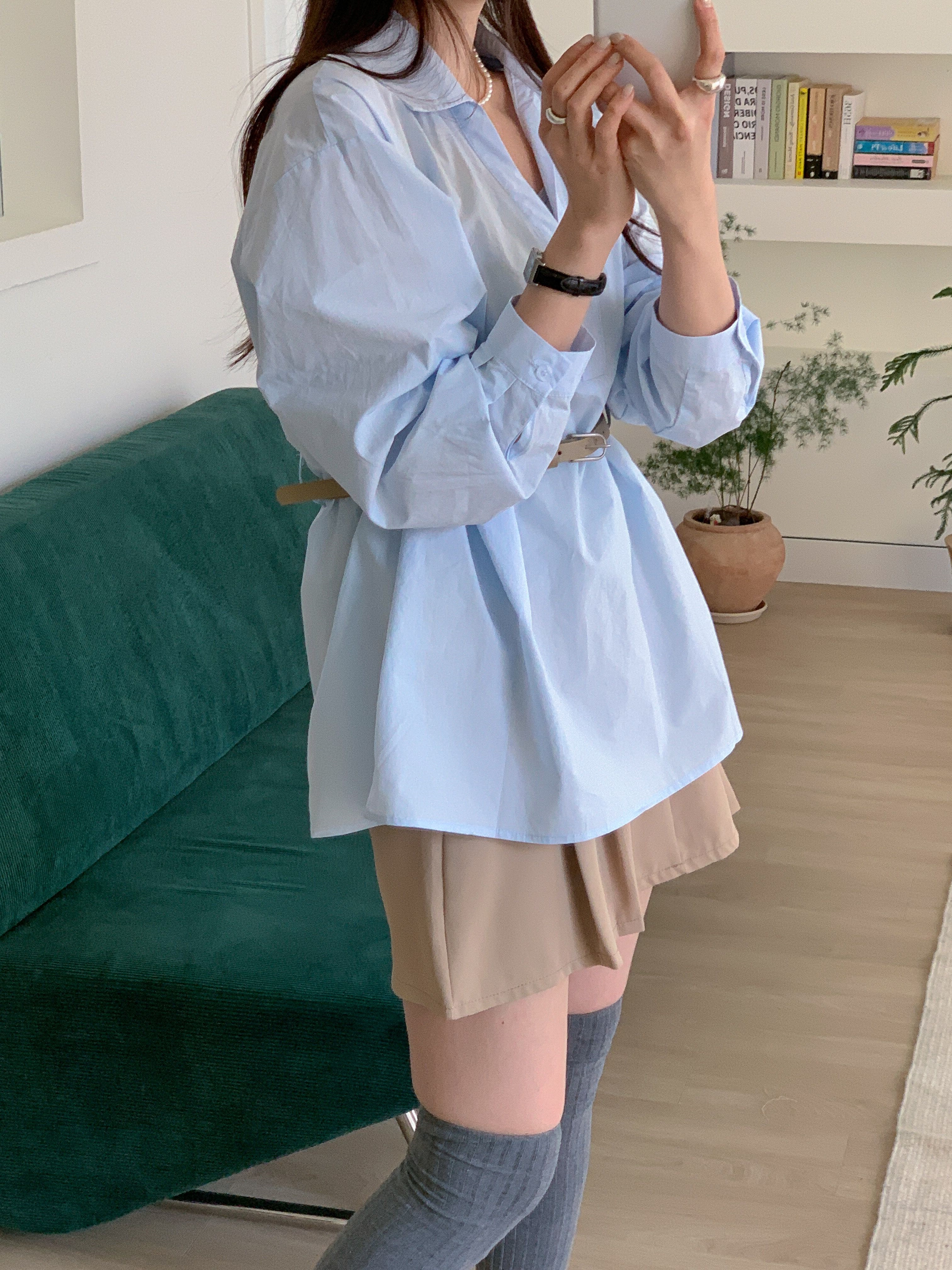 コットンVネックオープンカラーオーバーサイズ長袖ボタンスリーブループハーフシャツキャミソールアンサンブルベルト付 | 詳細画像3