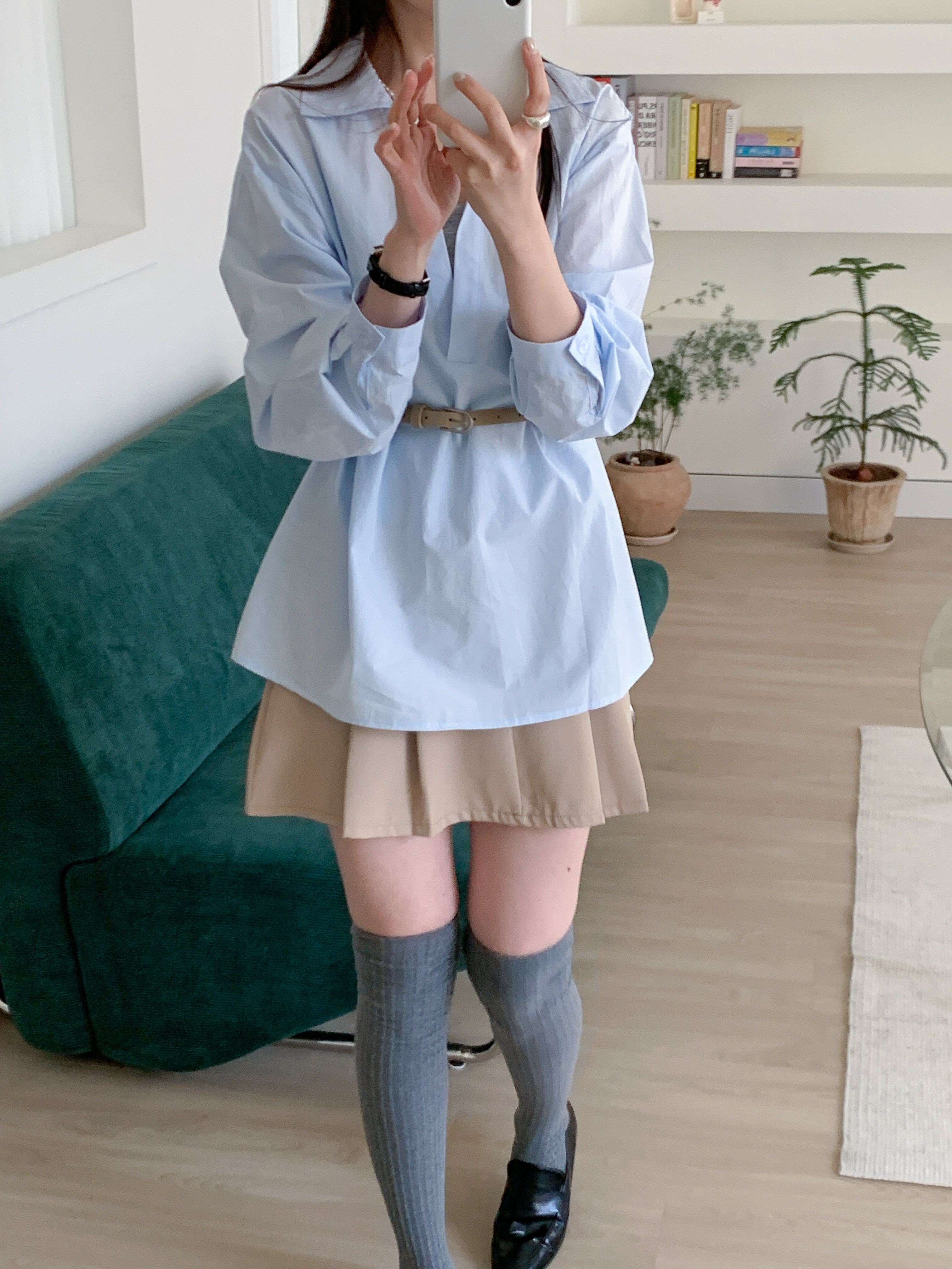 コットンVネックオープンカラーオーバーサイズ長袖ボタンスリーブループハーフシャツキャミソールアンサンブルベルト付 | 詳細画像4