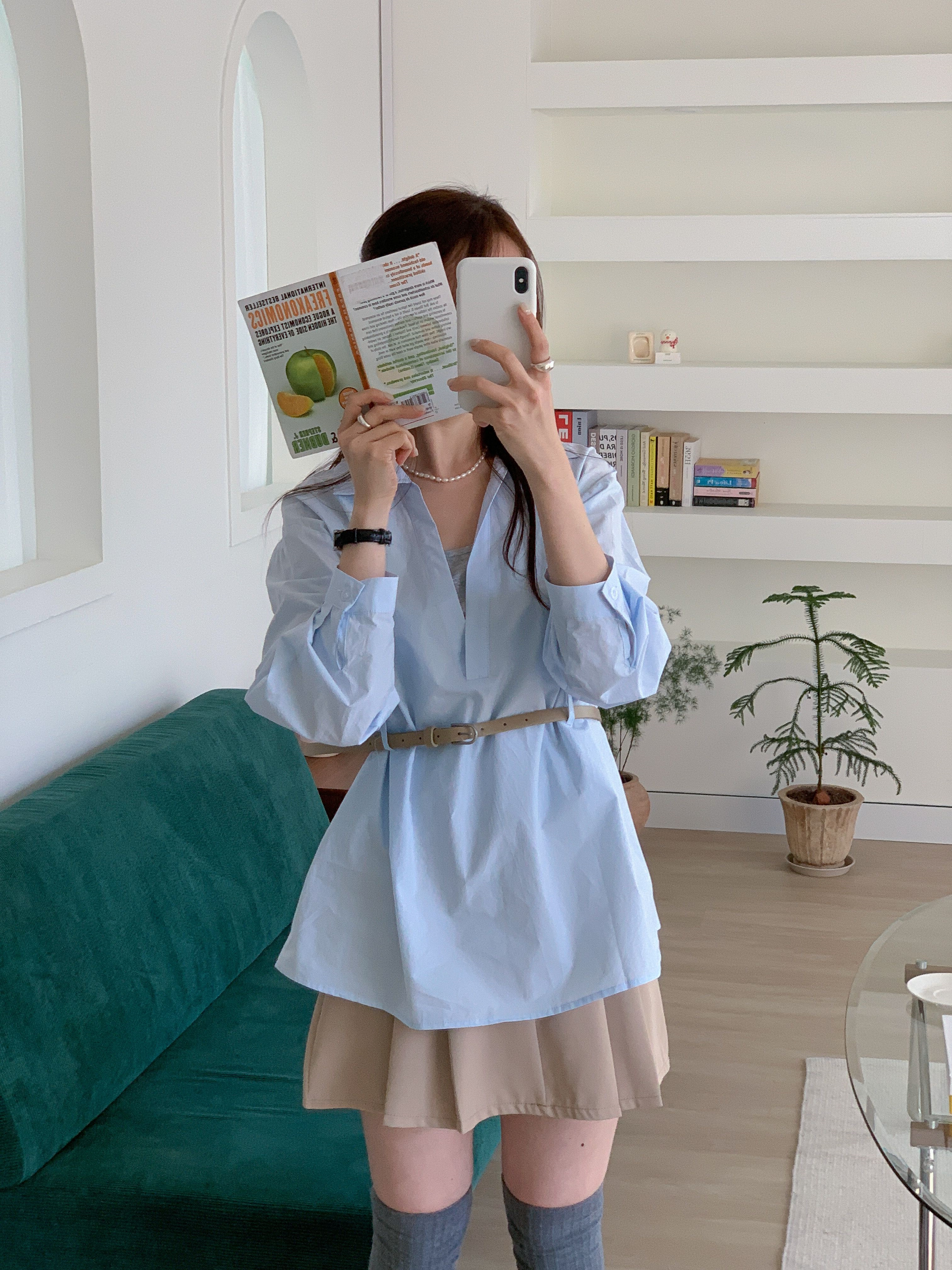 コットンVネックオープンカラーオーバーサイズ長袖ボタンスリーブループハーフシャツキャミソールアンサンブルベルト付 | 詳細画像6