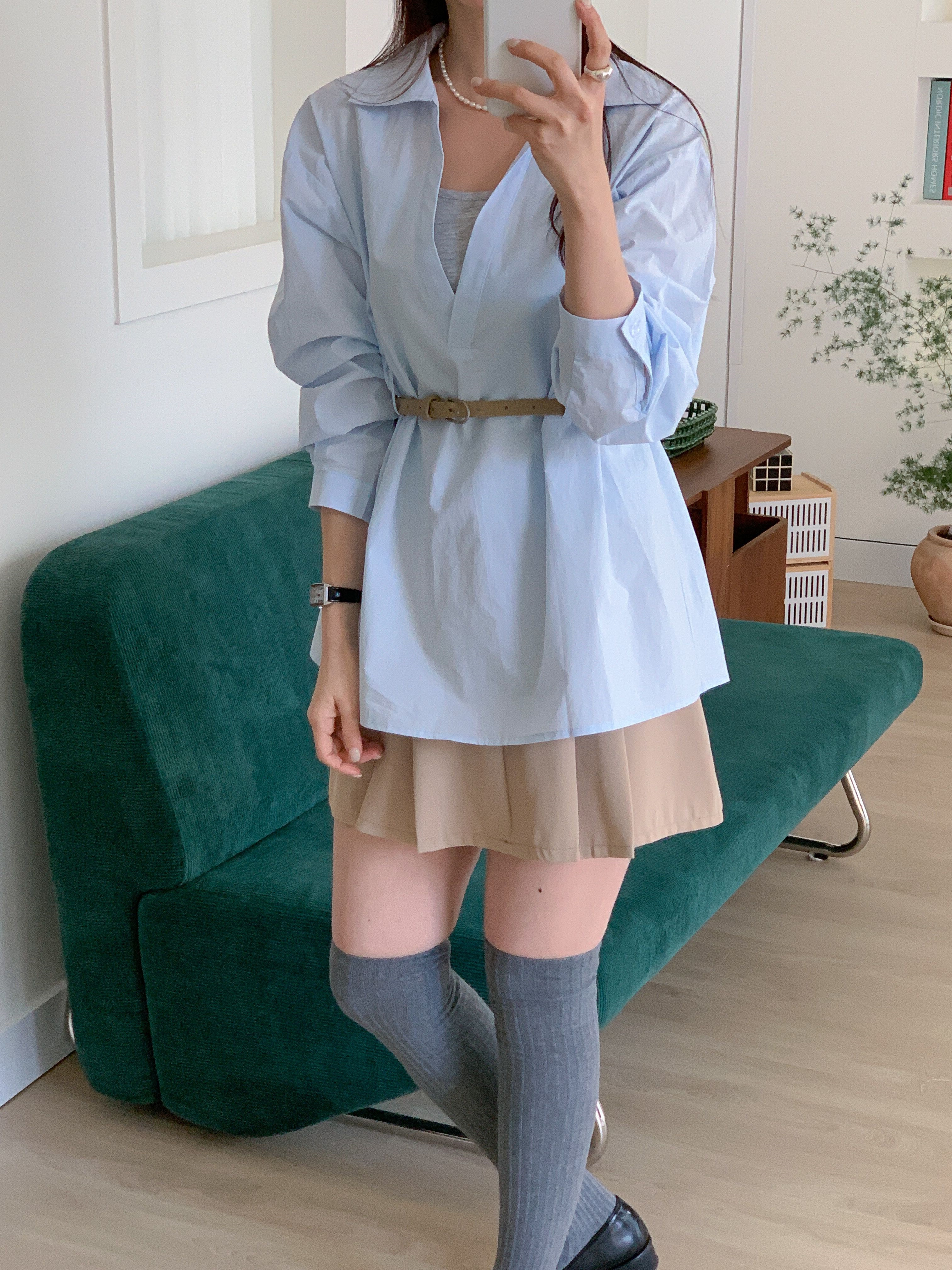 コットンVネックオープンカラーオーバーサイズ長袖ボタンスリーブループハーフシャツキャミソールアンサンブルベルト付 | 詳細画像7