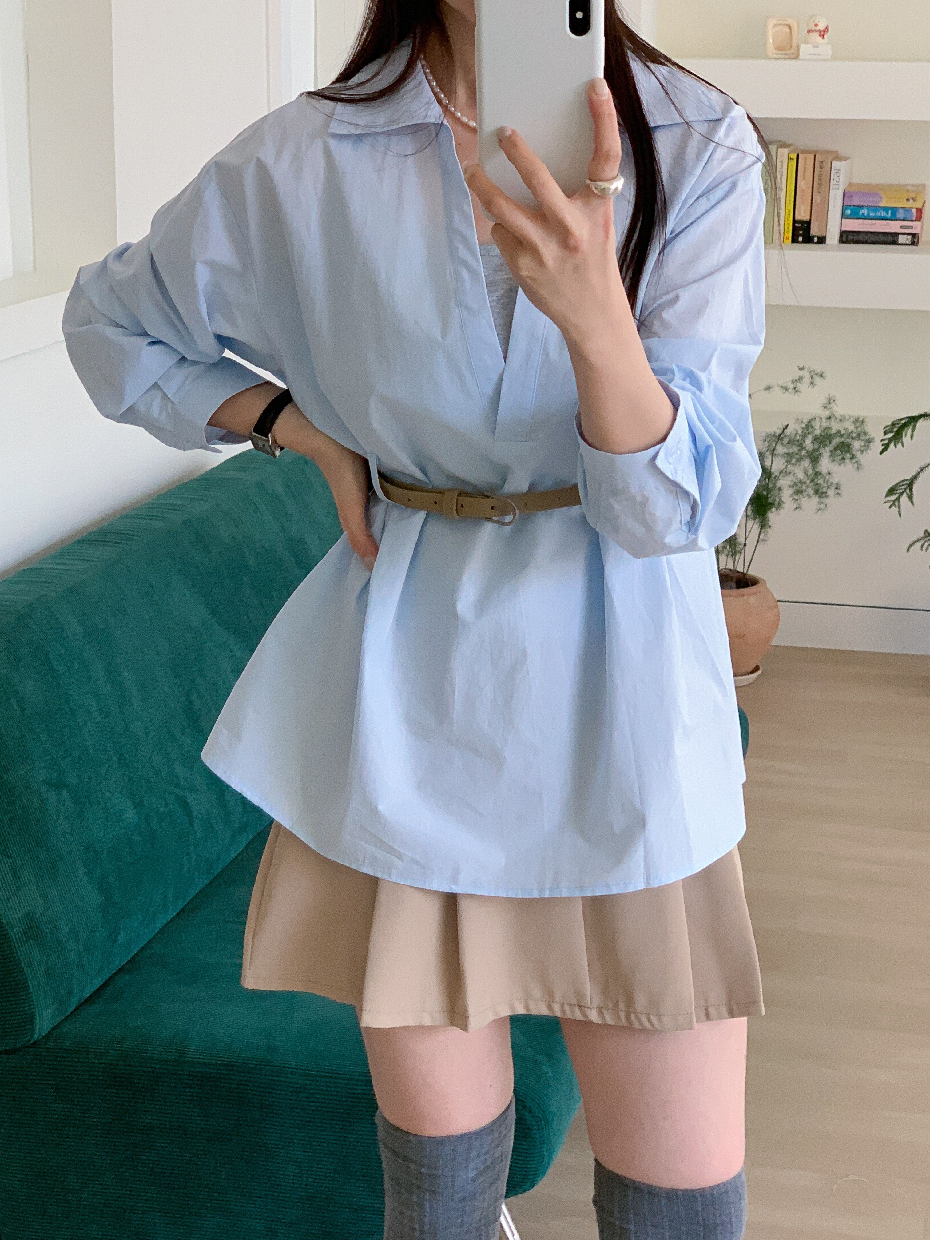 コットンVネックオープンカラーオーバーサイズ長袖ボタンスリーブループハーフシャツキャミソールアンサンブルベルト付 | 詳細画像11