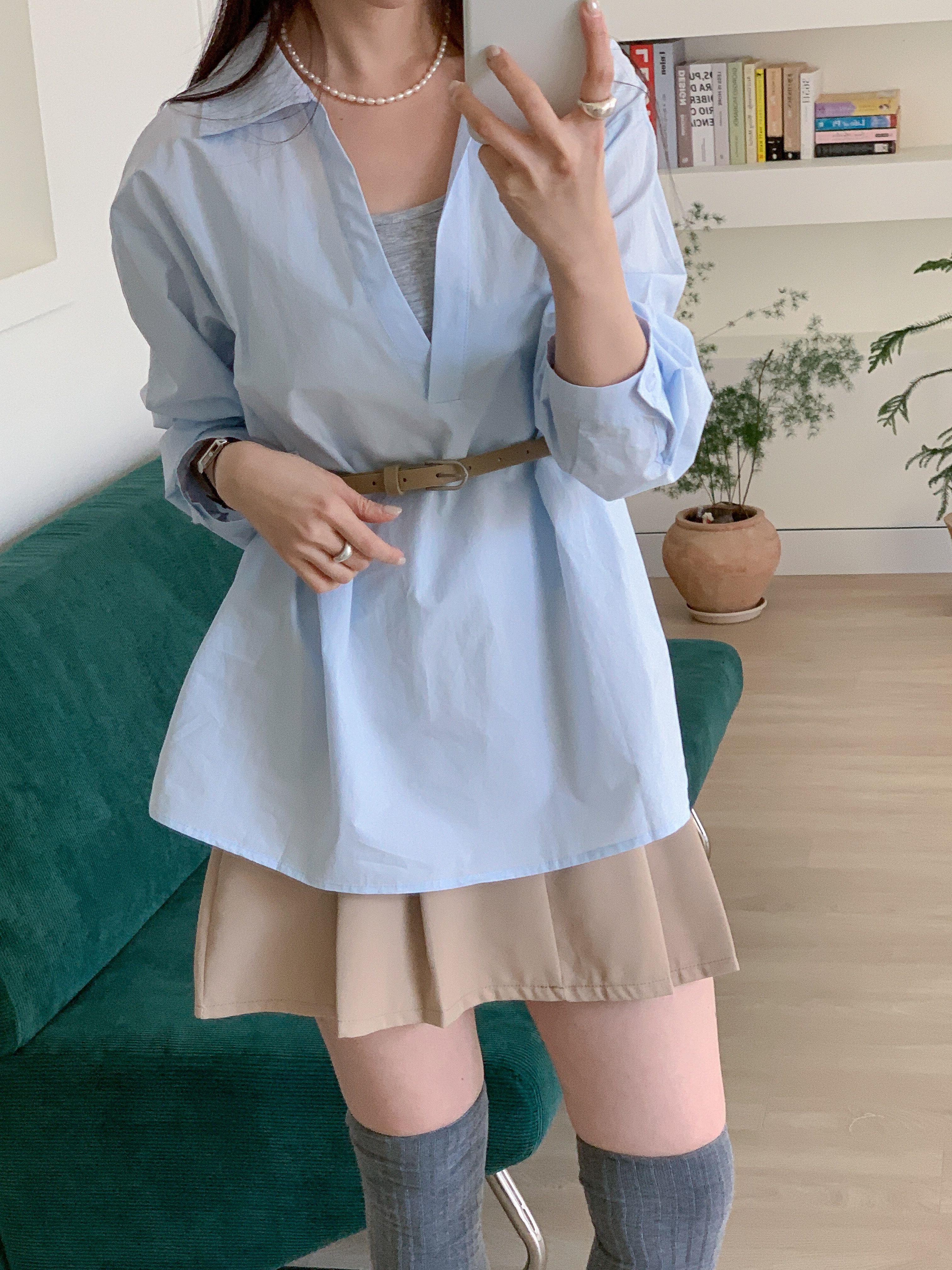 コットンVネックオープンカラーオーバーサイズ長袖ボタンスリーブループハーフシャツキャミソールアンサンブルベルト付 | 詳細画像13