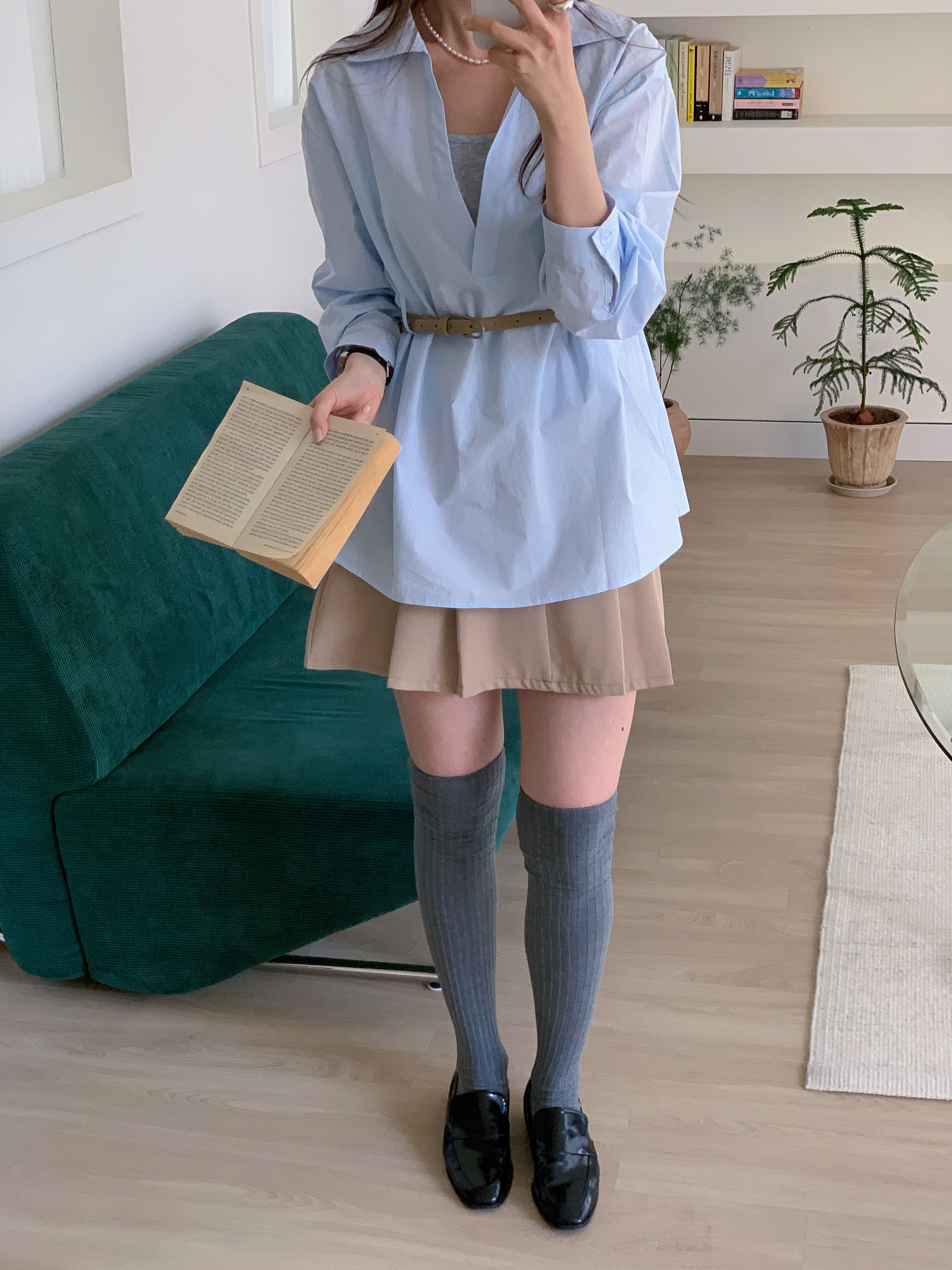 コットンVネックオープンカラーオーバーサイズ長袖ボタンスリーブループハーフシャツキャミソールアンサンブルベルト付 | 詳細画像15