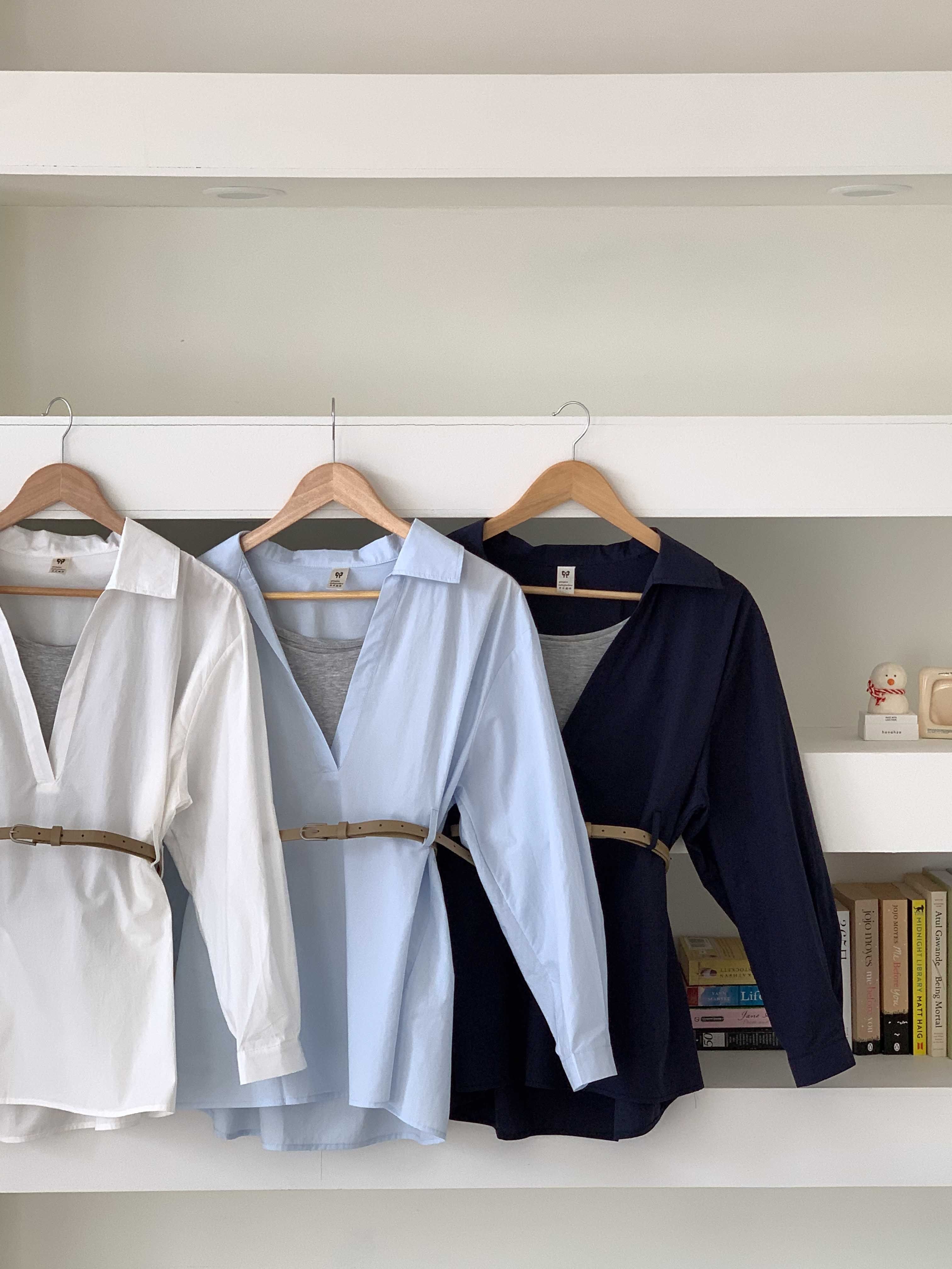 コットンVネックオープンカラーオーバーサイズ長袖ボタンスリーブループハーフシャツキャミソールアンサンブルベルト付 | 詳細画像20