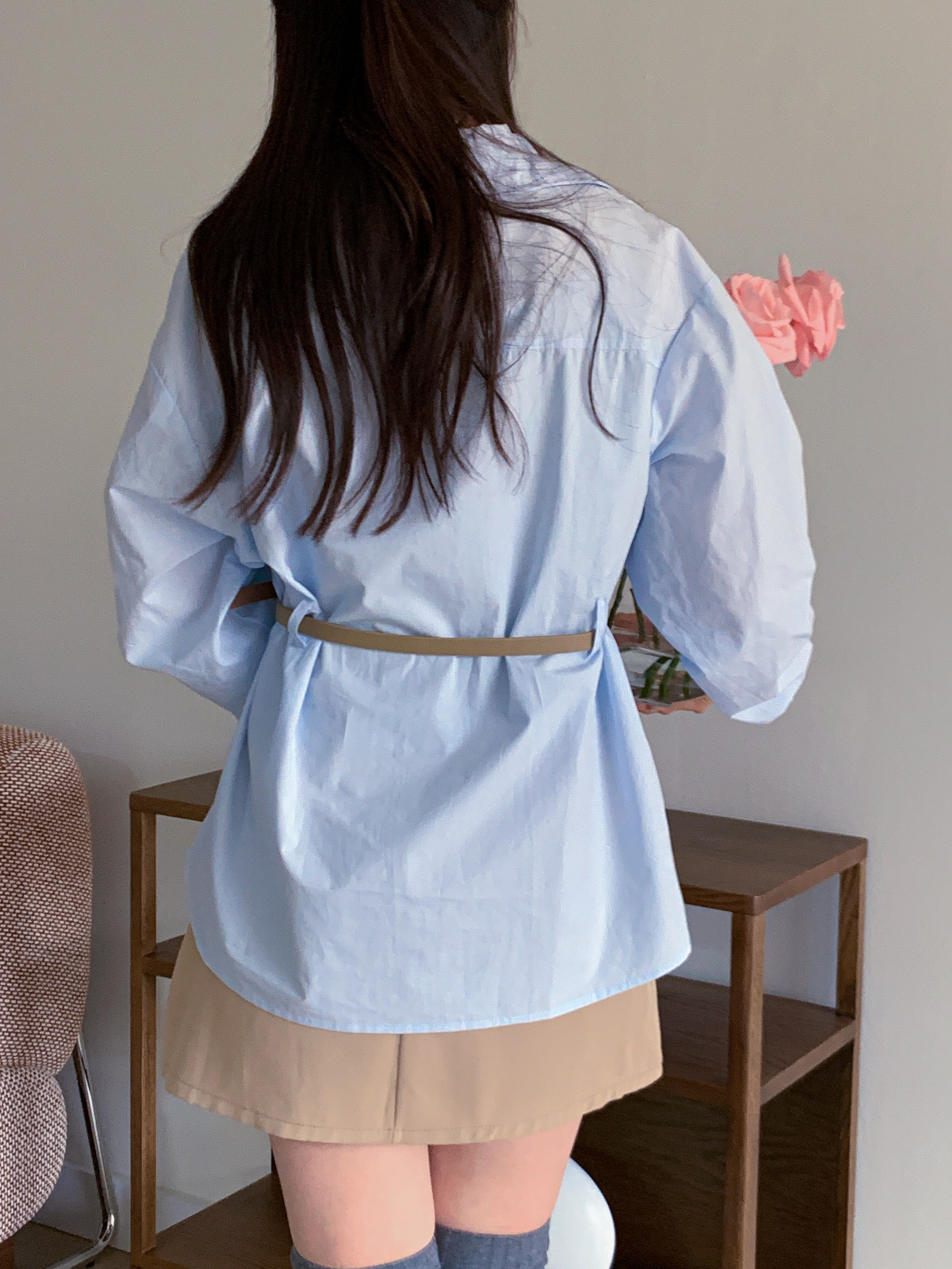 コットンVネックオープンカラーオーバーサイズ長袖ボタンスリーブループハーフシャツキャミソールアンサンブルベルト付 | 詳細画像17