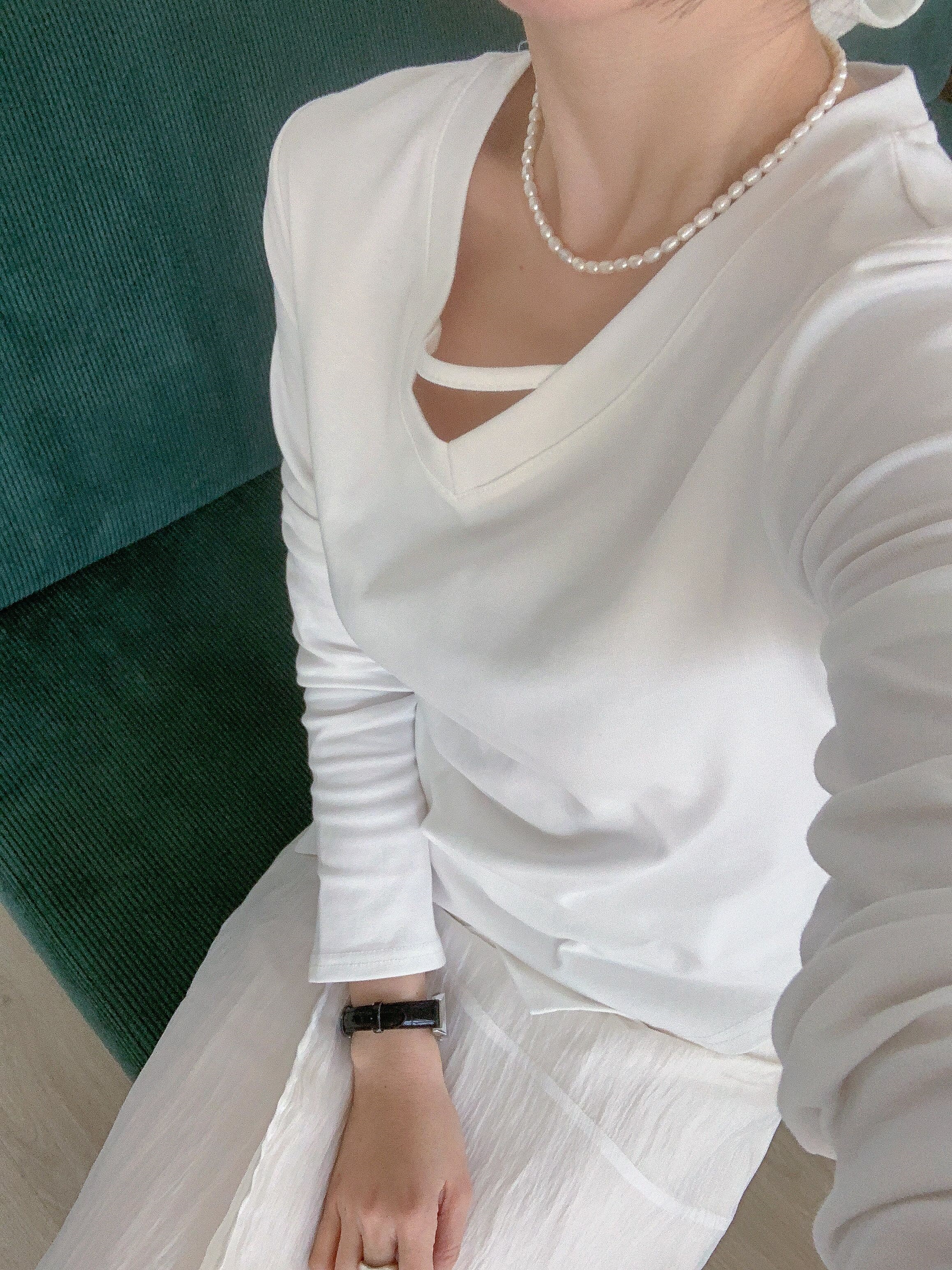 Vネックスリットスリムアンバランス長袖ギャザー無地Tシャツ | 詳細画像8