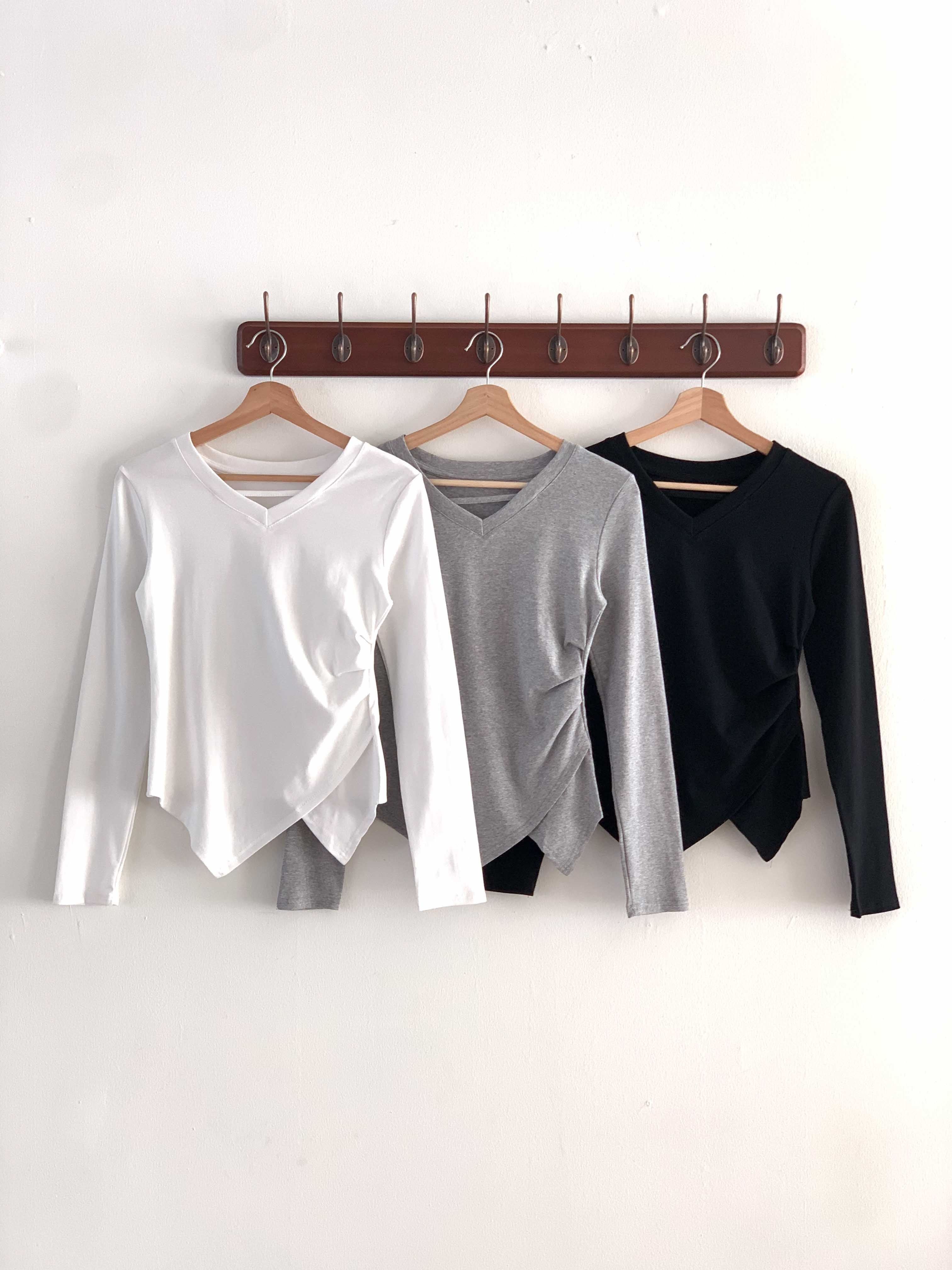 Vネックスリットスリムアンバランス長袖ギャザー無地Tシャツ | 詳細画像21