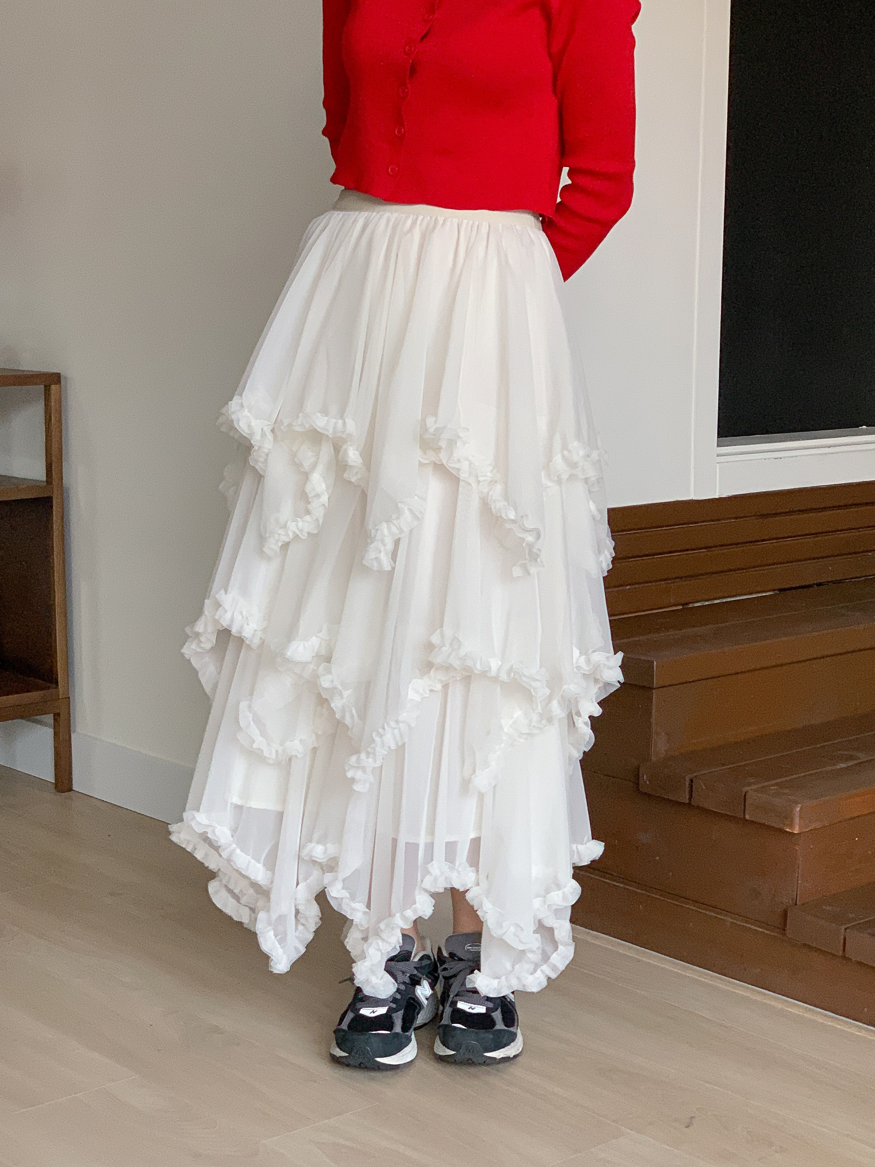 シャーリングフリルティアードウエストゴムパフスリーブロング無地スカート | 詳細画像4