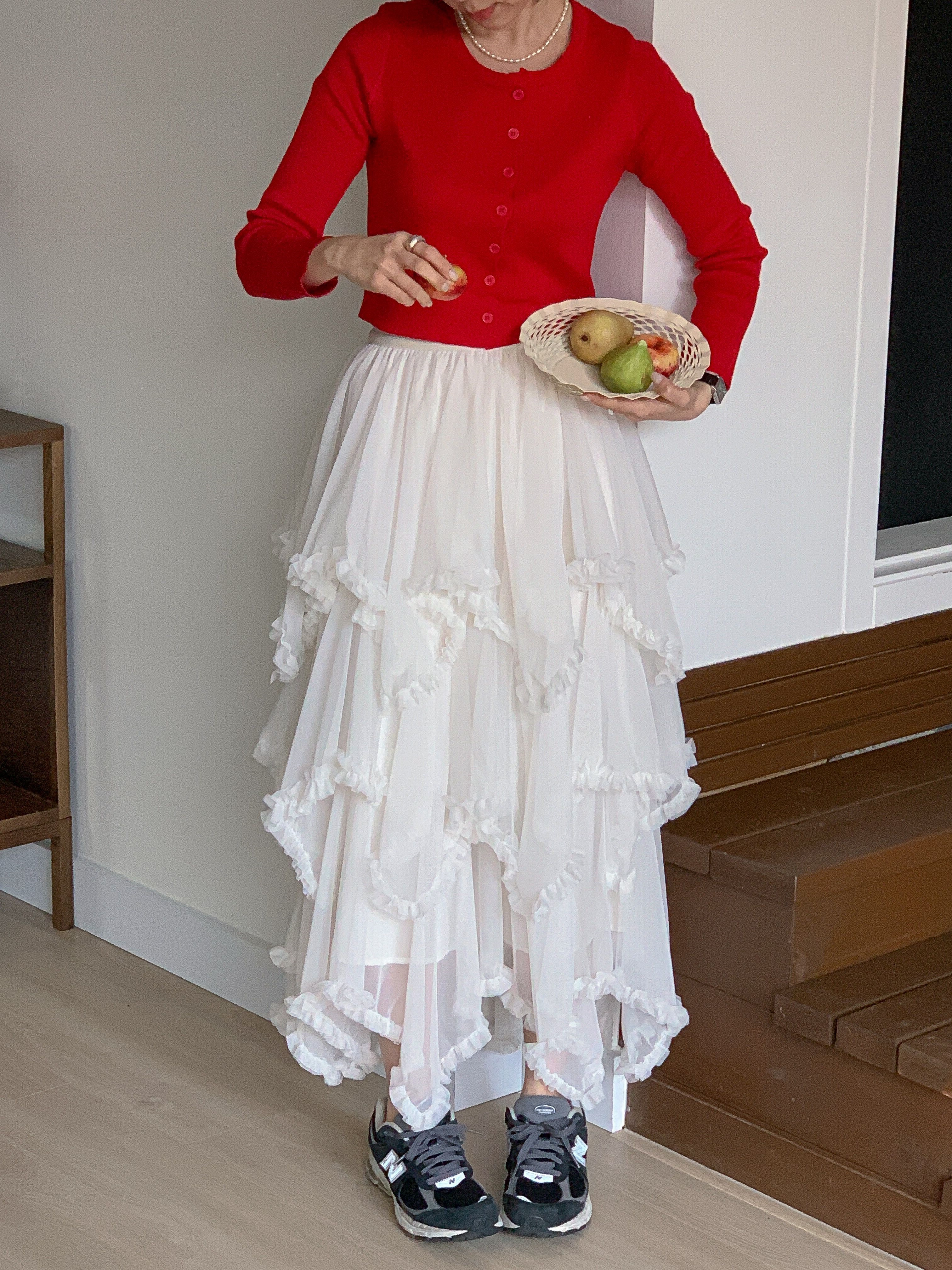 シャーリングフリルティアードウエストゴムパフスリーブロング無地スカート | 詳細画像5