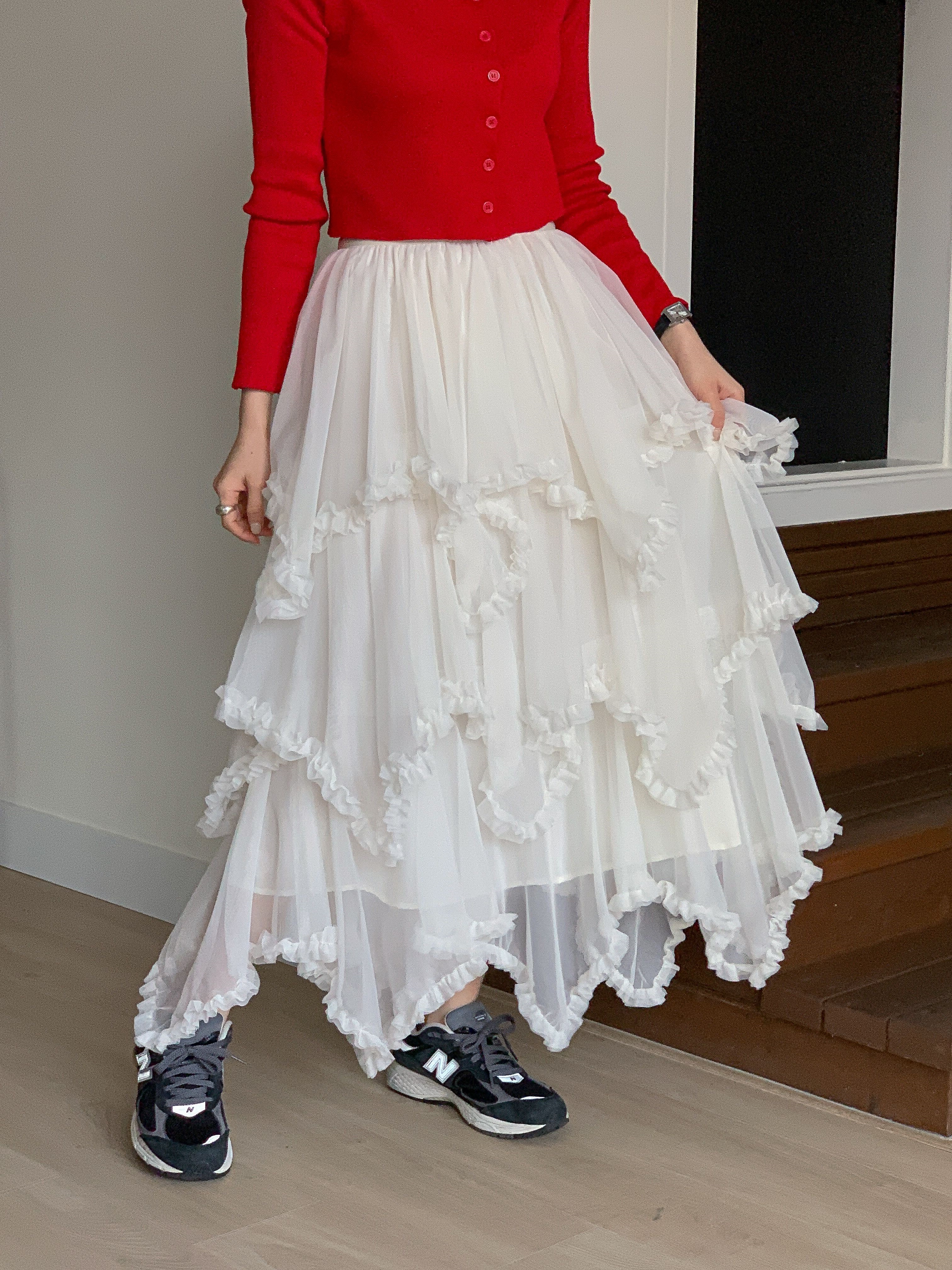 シャーリングフリルティアードウエストゴムパフスリーブロング無地スカート | 詳細画像7