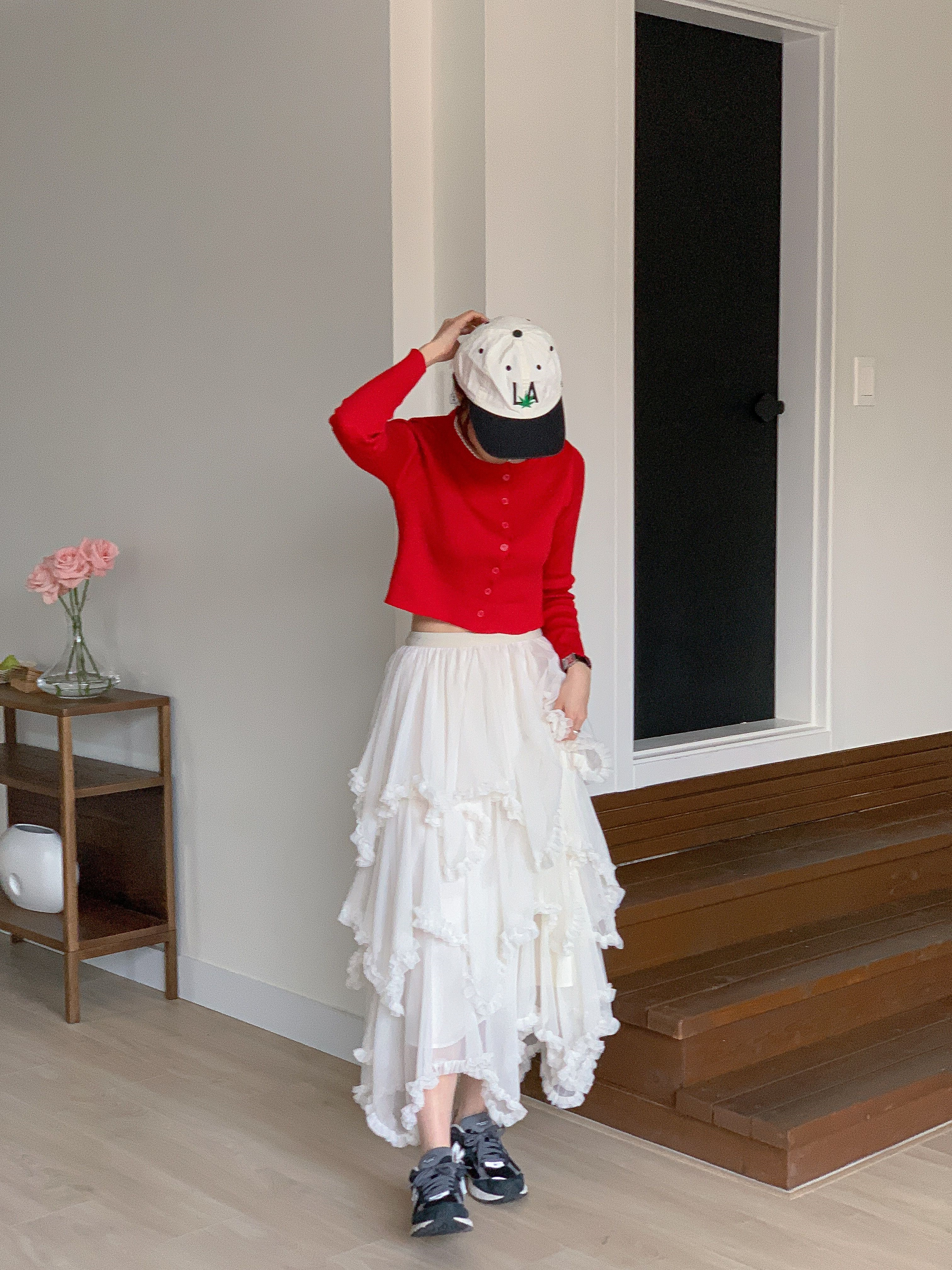 シャーリングフリルティアードウエストゴムパフスリーブロング無地スカート | 詳細画像8