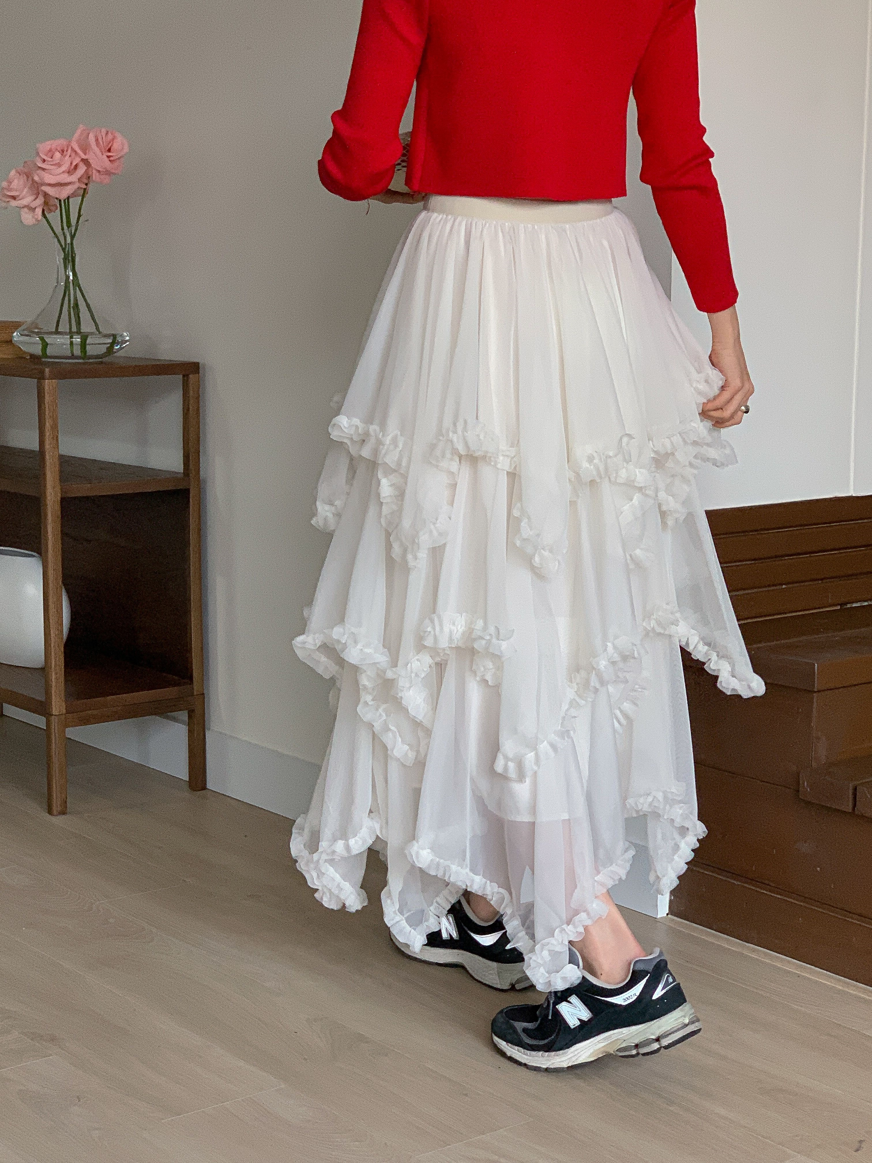 シャーリングフリルティアードウエストゴムパフスリーブロング無地スカート | 詳細画像9