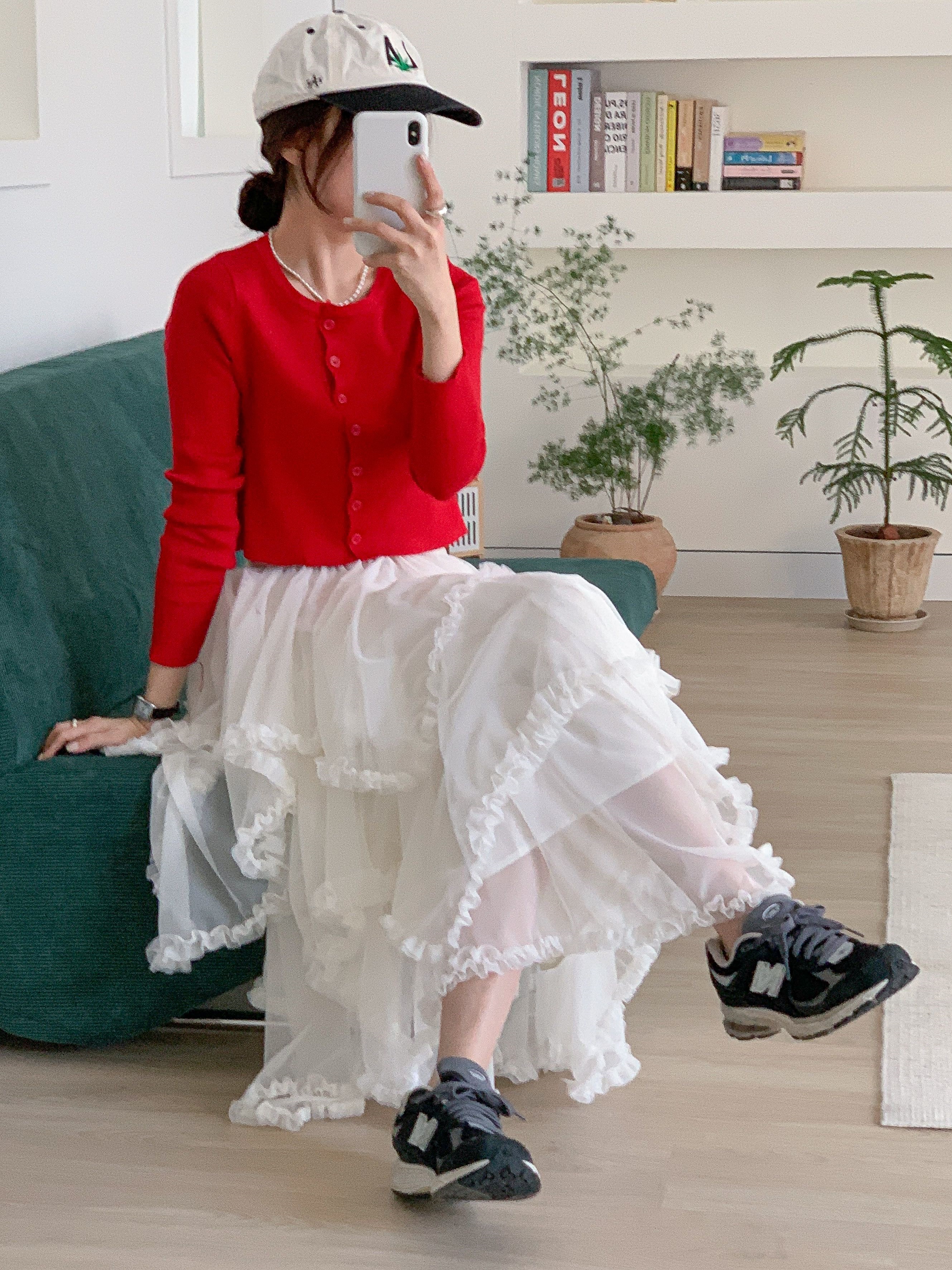 シャーリングフリルティアードウエストゴムパフスリーブロング無地スカート | 詳細画像10