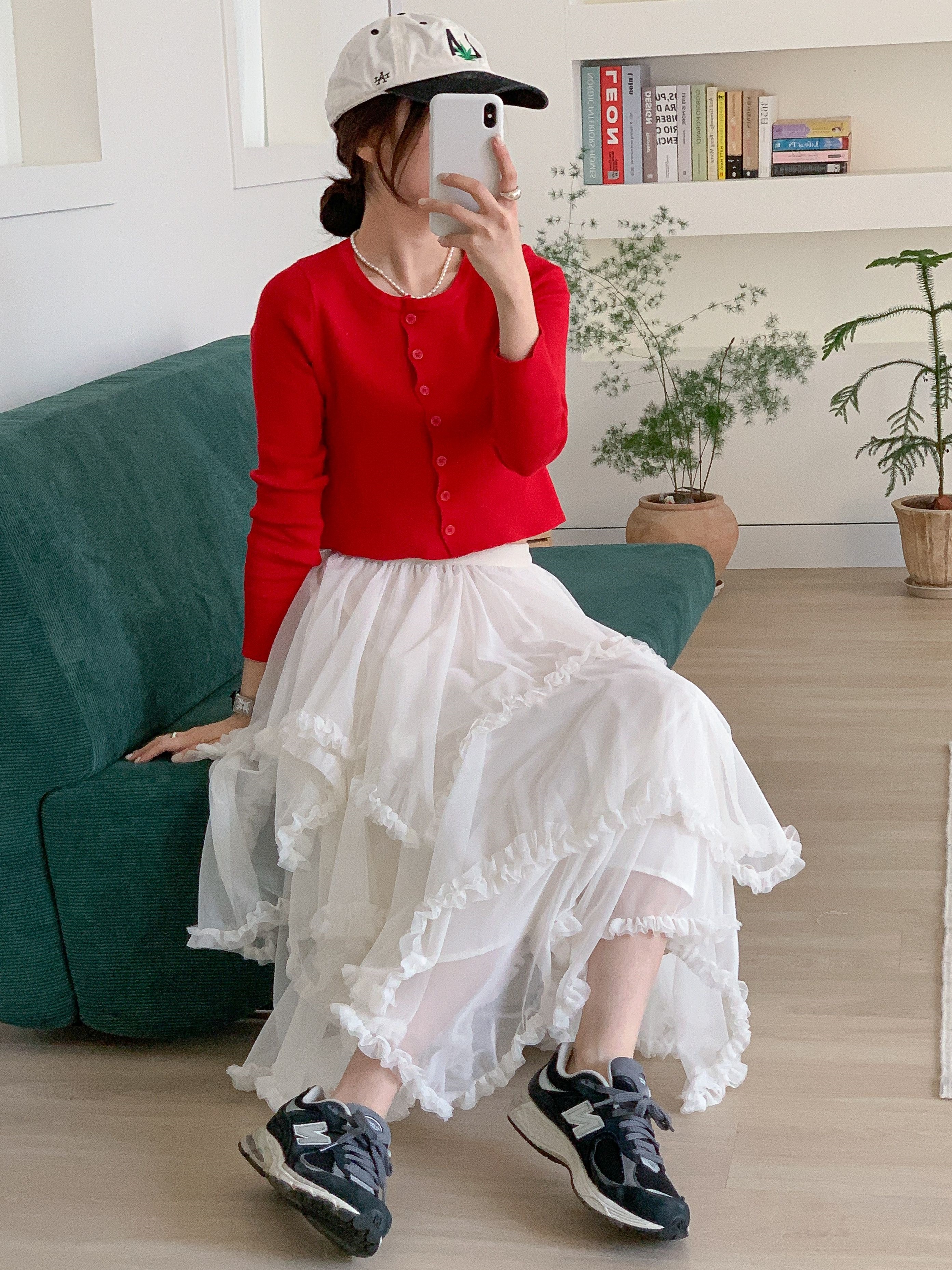 シャーリングフリルティアードウエストゴムパフスリーブロング無地スカート | 詳細画像12