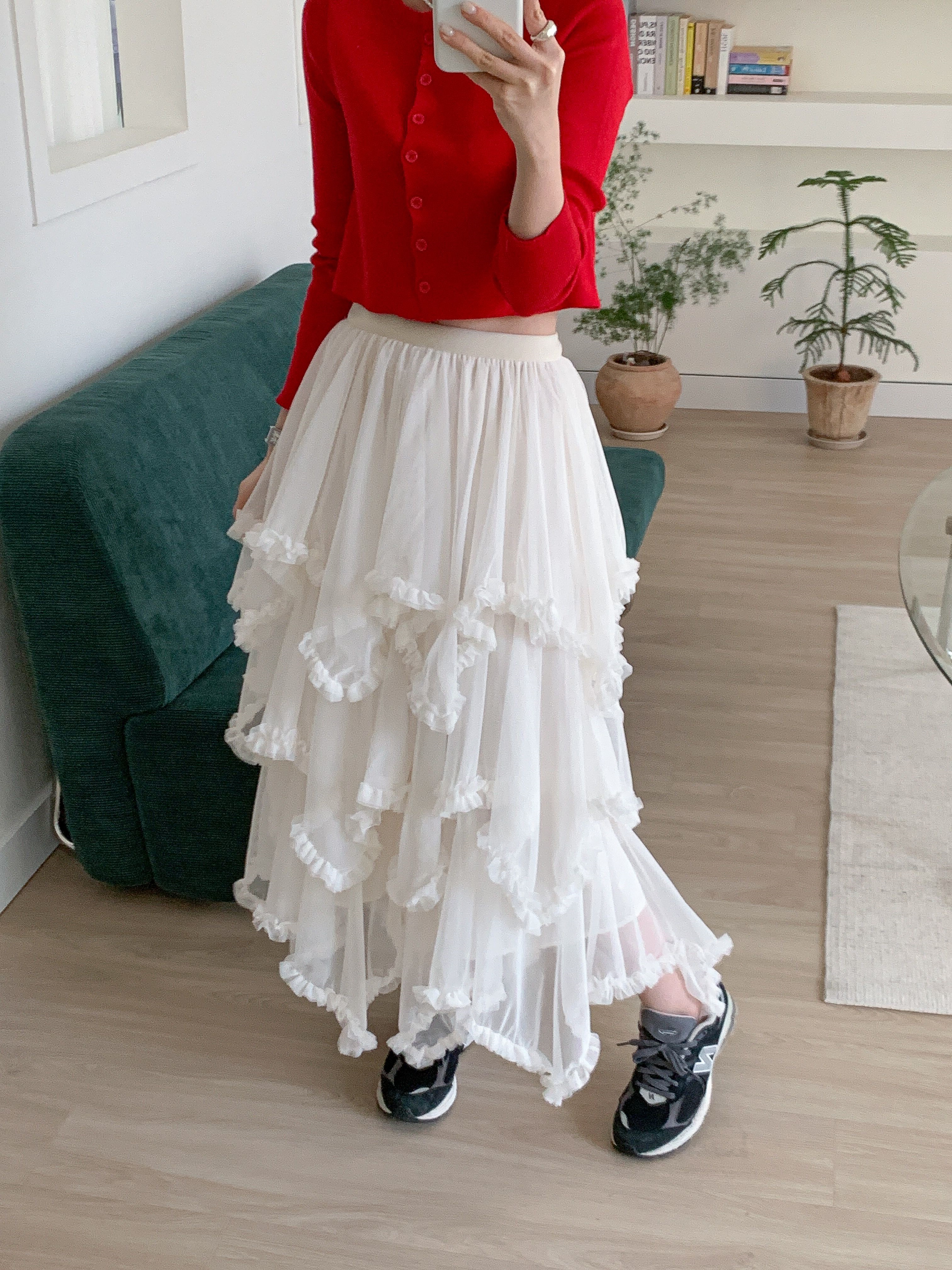 シャーリングフリルティアードウエストゴムパフスリーブロング無地スカート | 詳細画像13