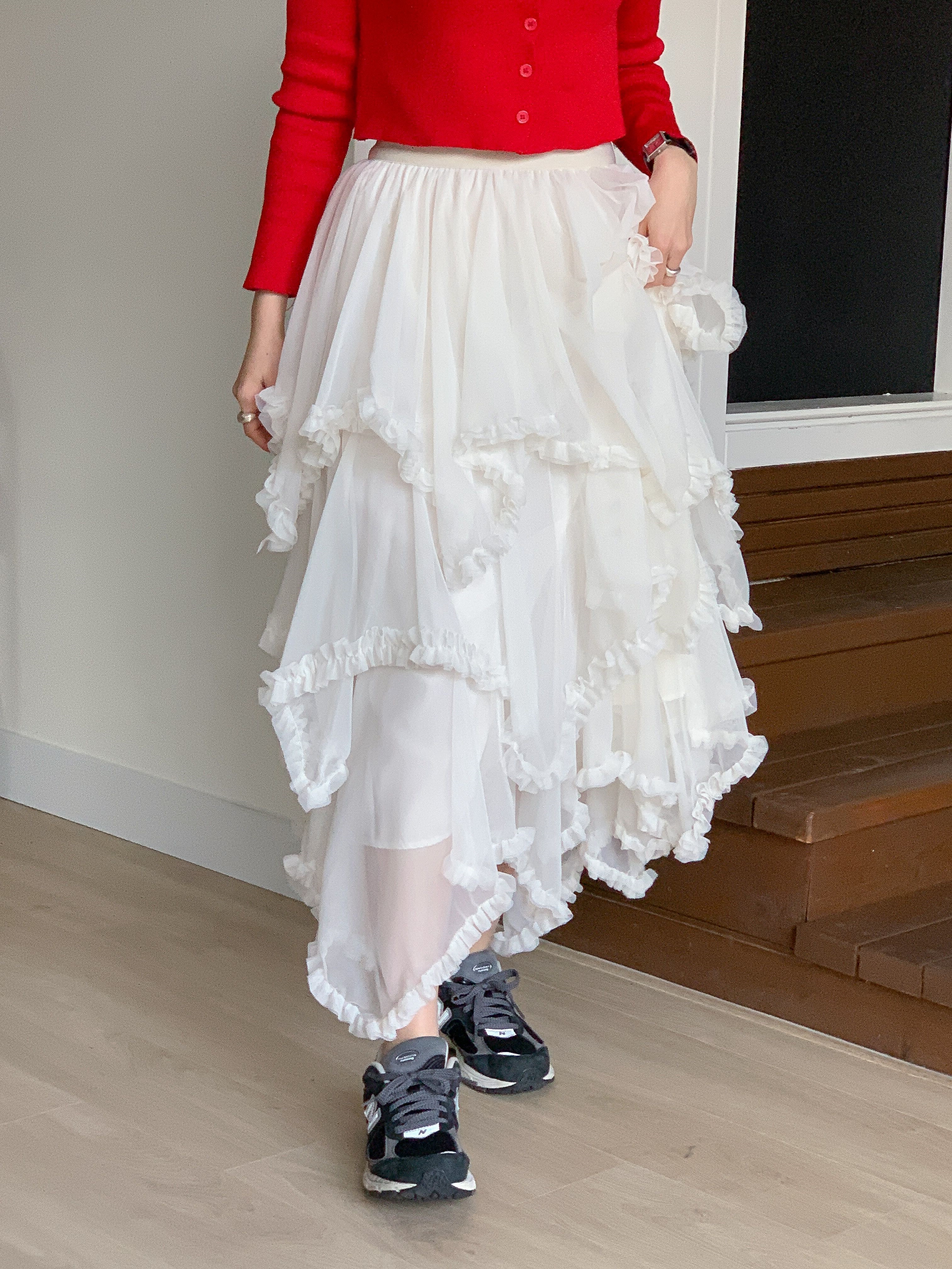 シャーリングフリルティアードウエストゴムパフスリーブロング無地スカート | 詳細画像14