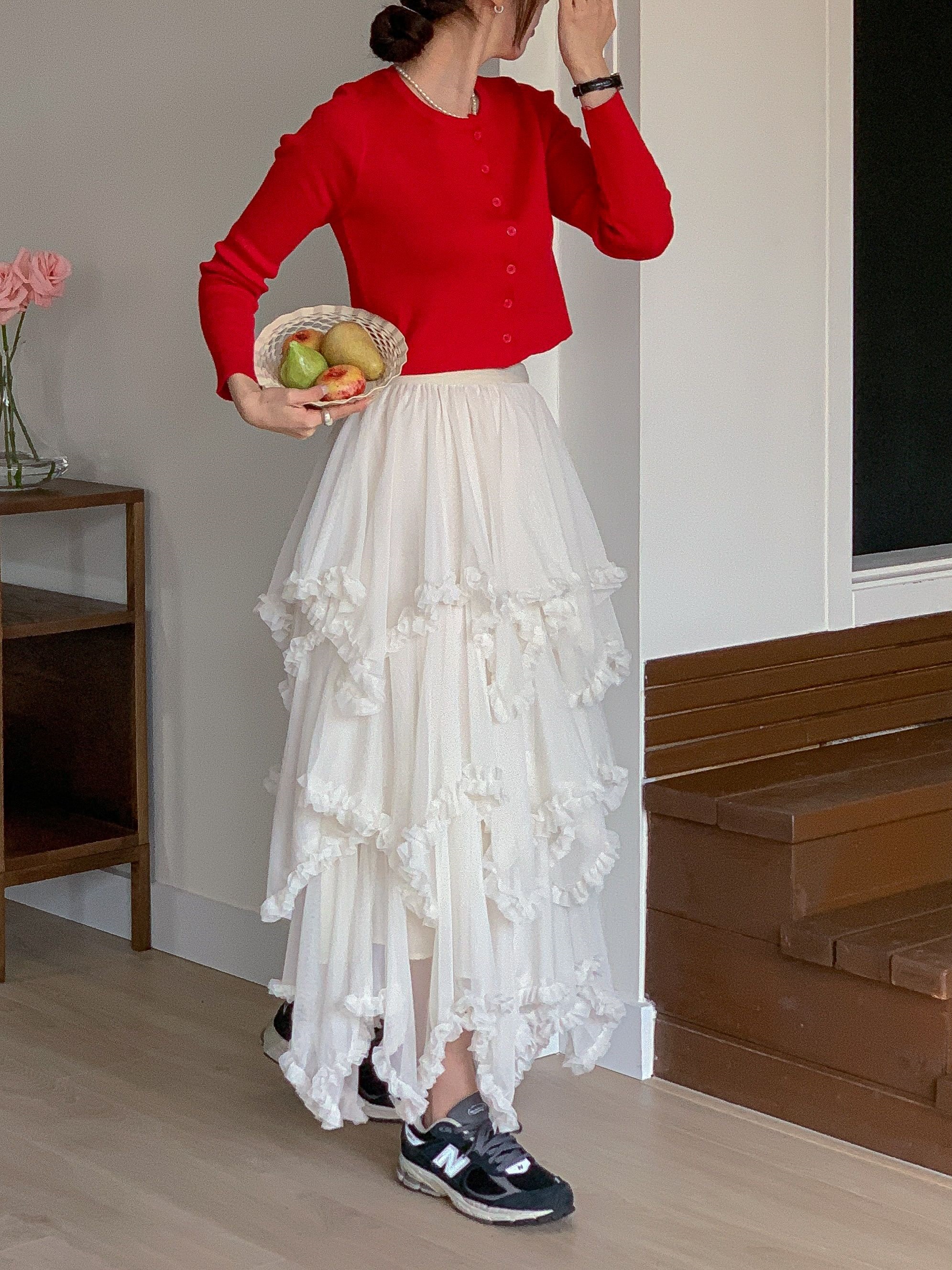 シャーリングフリルティアードウエストゴムパフスリーブロング無地スカート | 詳細画像15