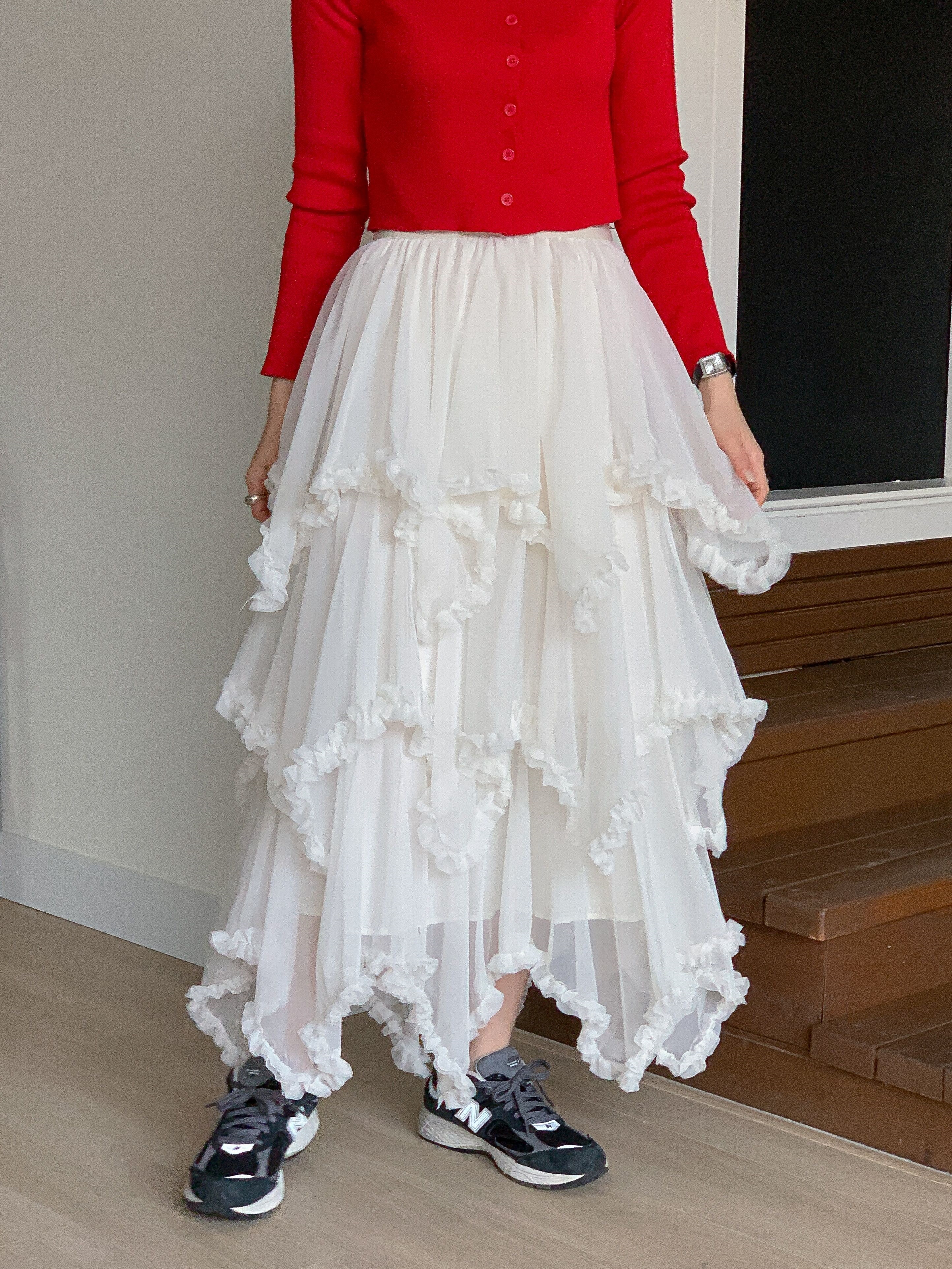 シャーリングフリルティアードウエストゴムパフスリーブロング無地スカート | 詳細画像16