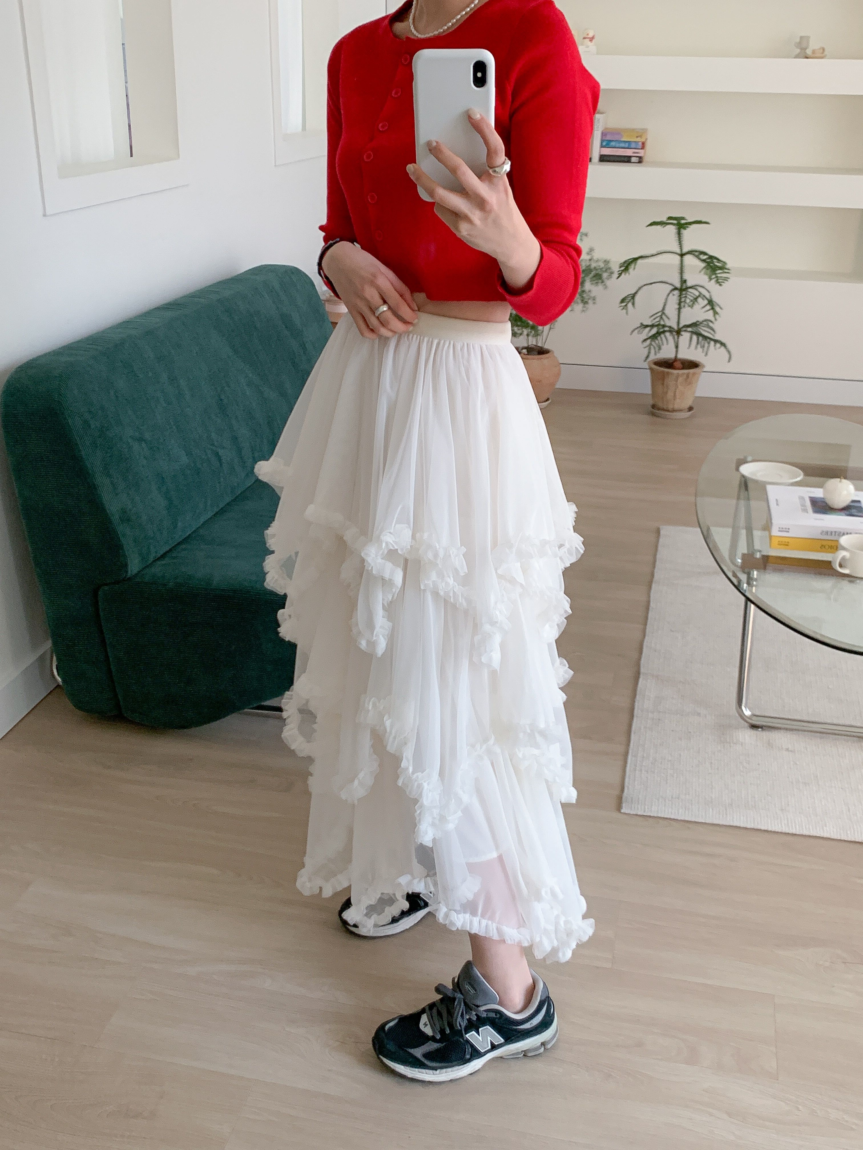 シャーリングフリルティアードウエストゴムパフスリーブロング無地スカート | 詳細画像17