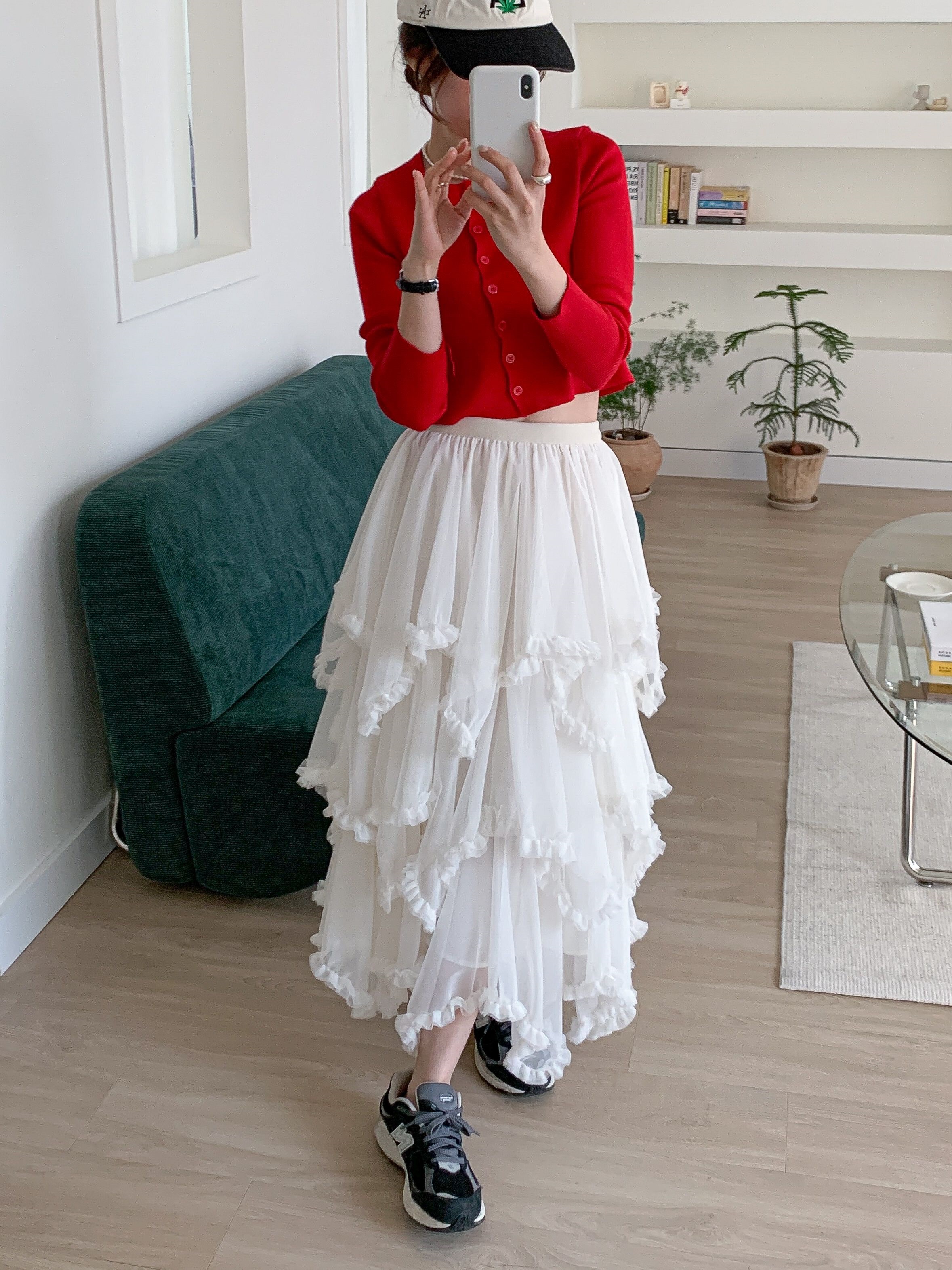 シャーリングフリルティアードウエストゴムパフスリーブロング無地スカート | 詳細画像18