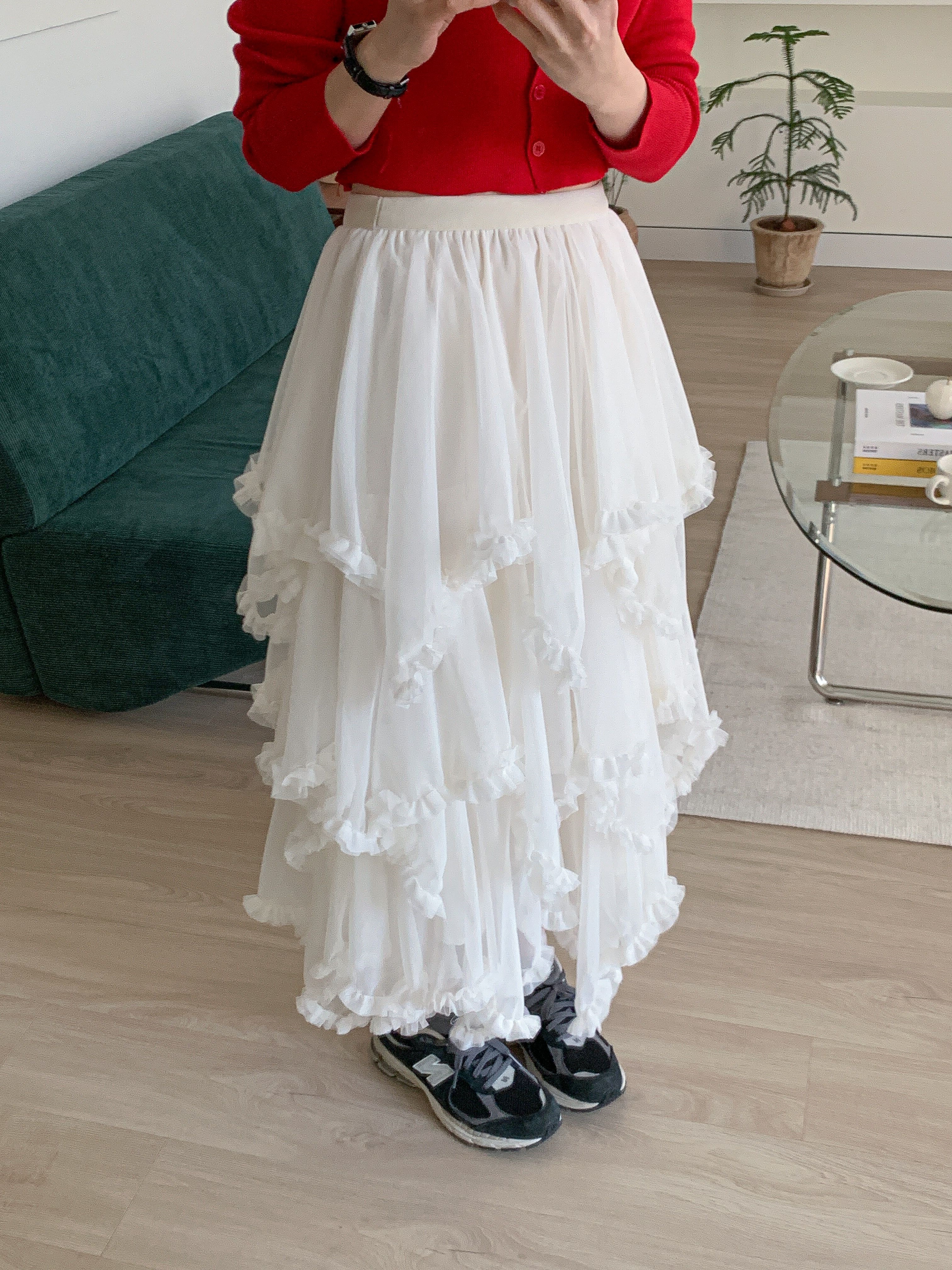 シャーリングフリルティアードウエストゴムパフスリーブロング無地スカート | 詳細画像19