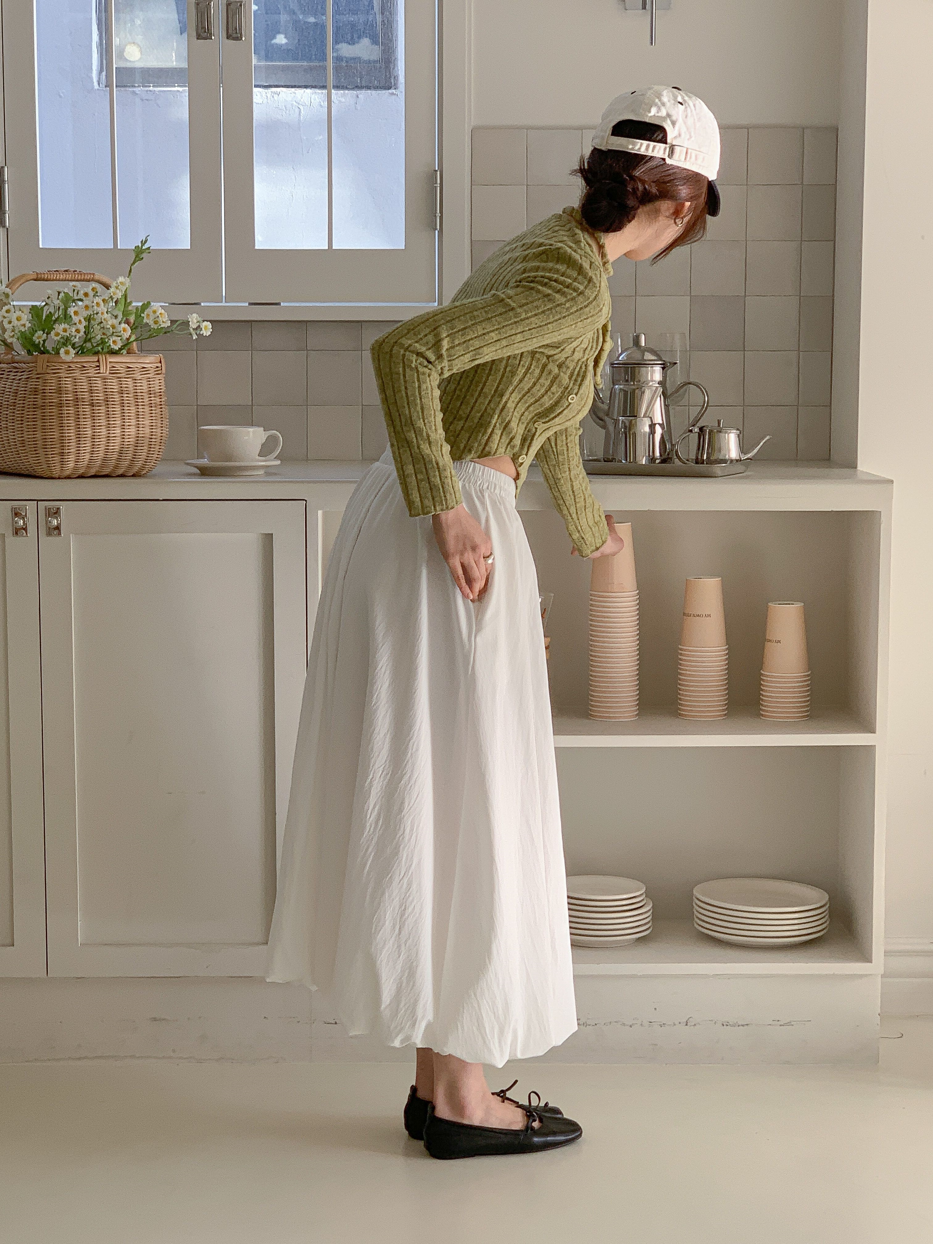 シャーリングポケットウエストゴムバルーンロングAライン無地スカート | 詳細画像2