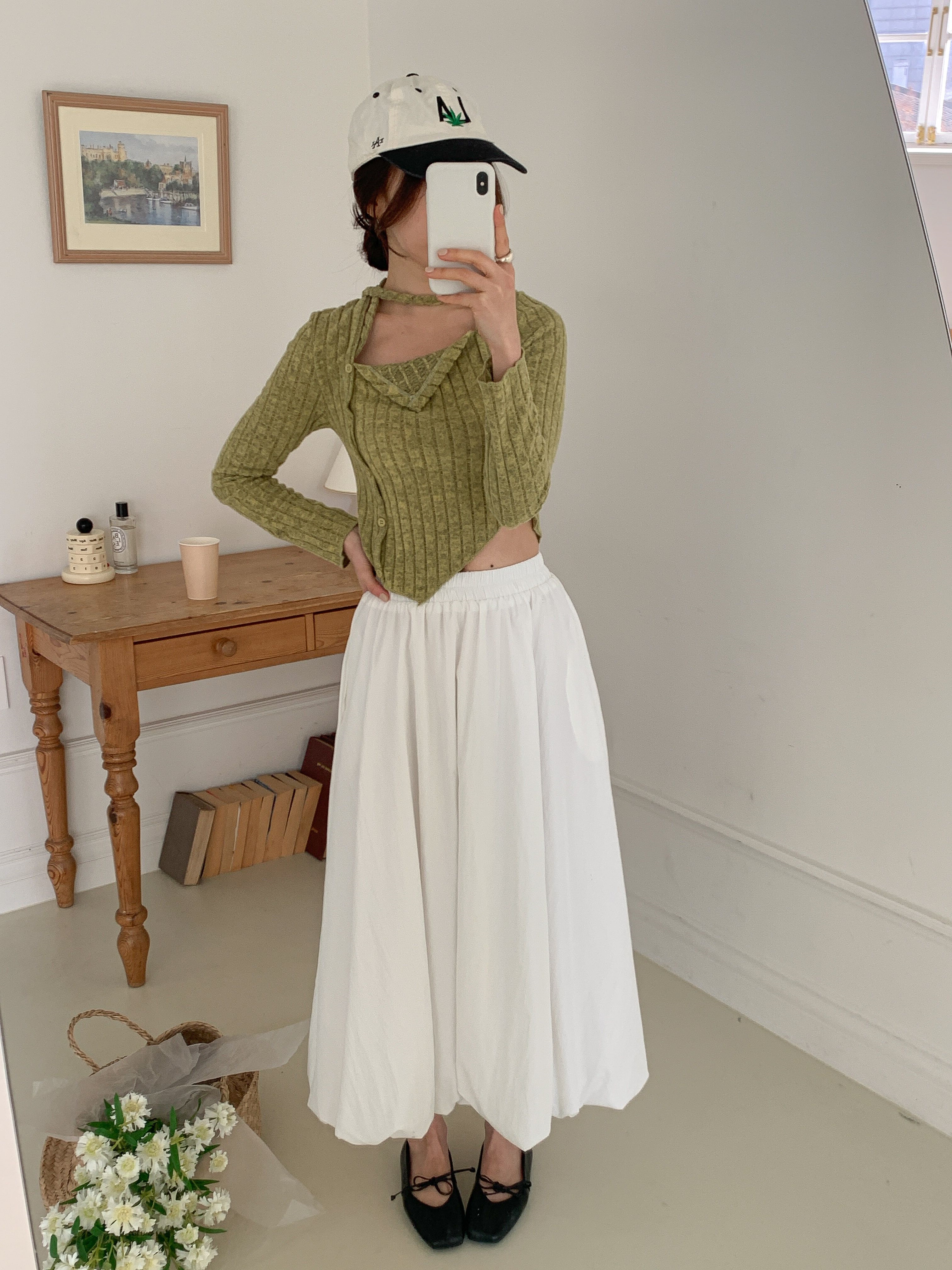 シャーリングポケットウエストゴムバルーンロングAライン無地スカート | 詳細画像4