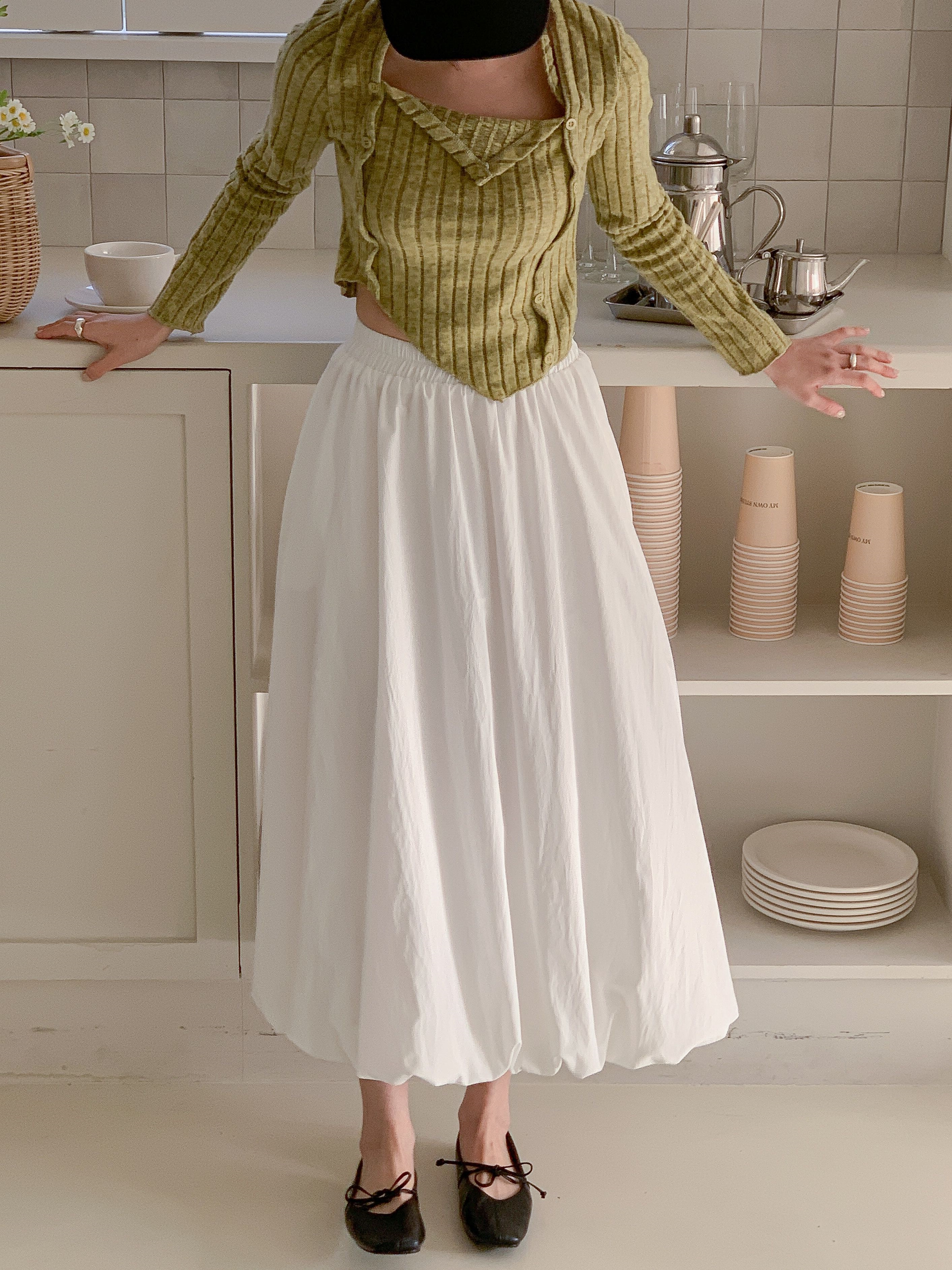 シャーリングポケットウエストゴムバルーンロングAライン無地スカート | 詳細画像5