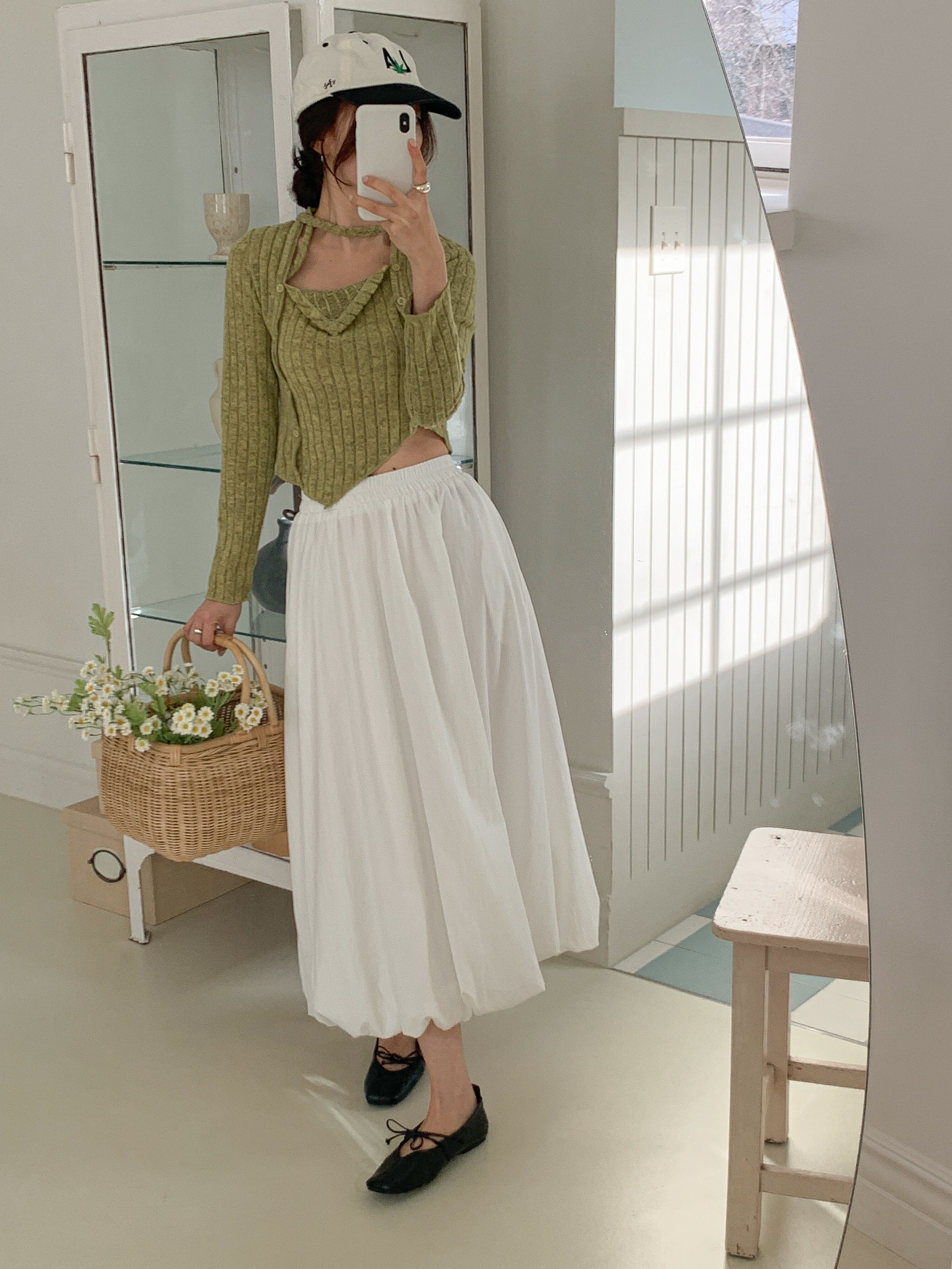 シャーリングポケットウエストゴムバルーンロングAライン無地スカート | 詳細画像9