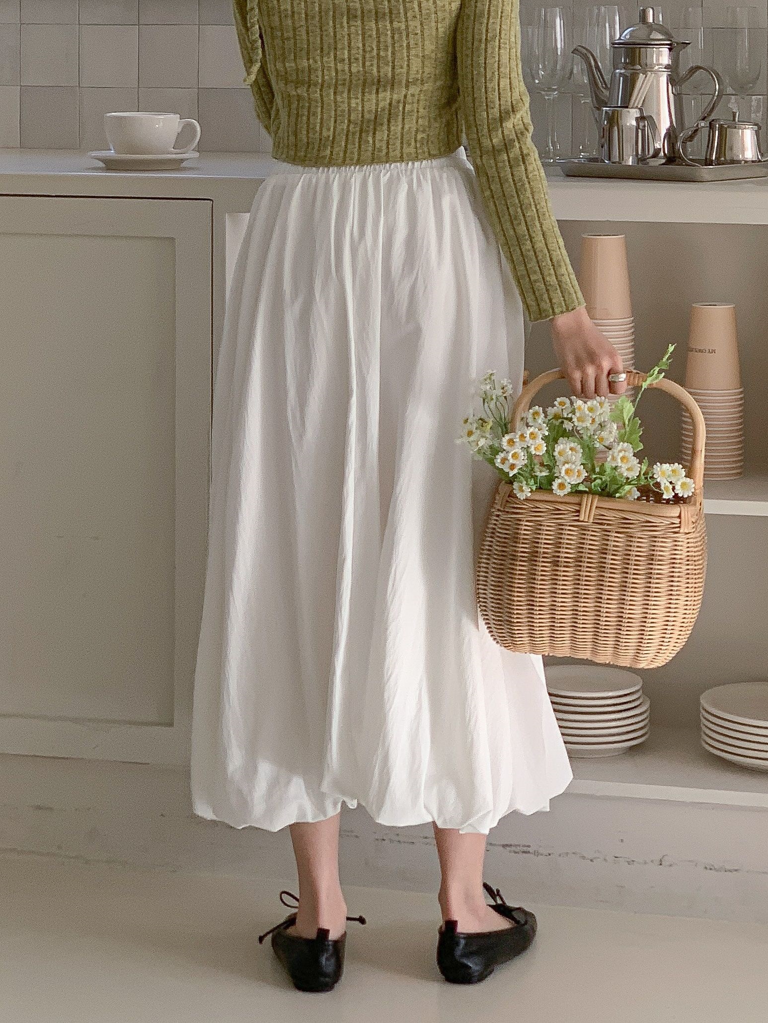 シャーリングポケットウエストゴムバルーンロングAライン無地スカート | 詳細画像12