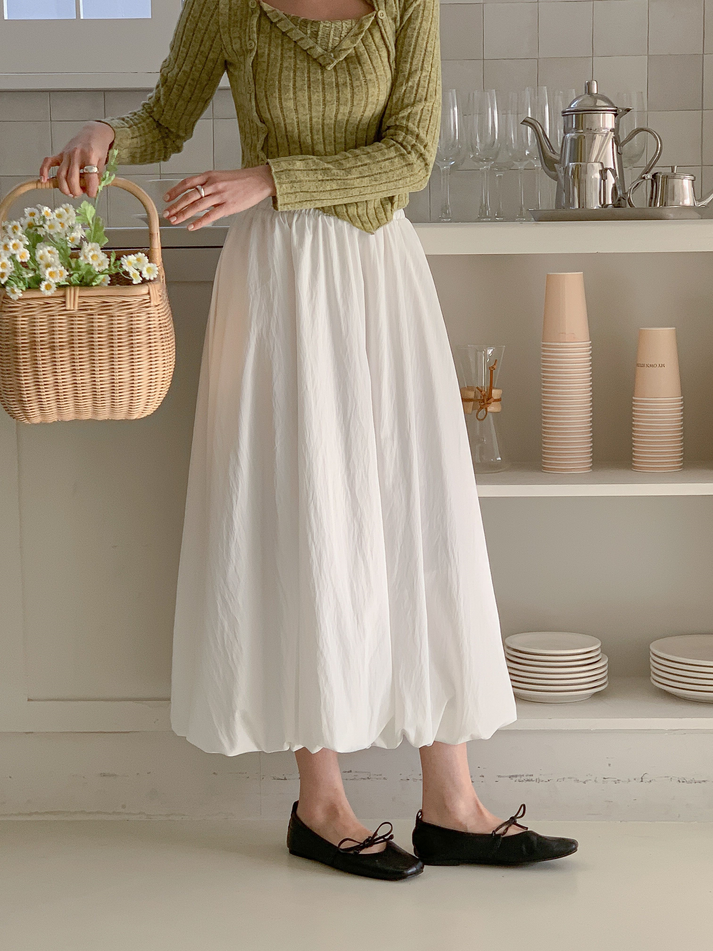 シャーリングポケットウエストゴムバルーンロングAライン無地スカート | 詳細画像13