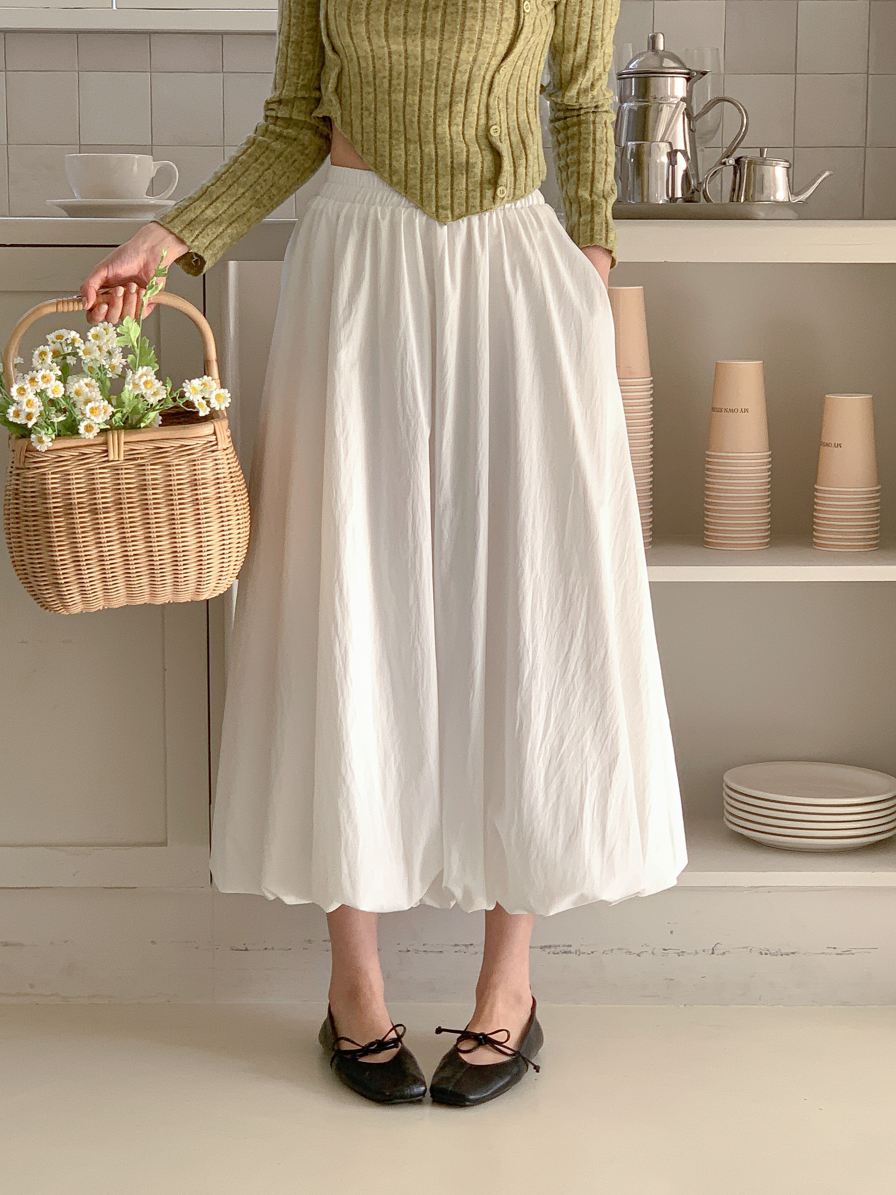 シャーリングポケットウエストゴムバルーンロングAライン無地スカート | 詳細画像14