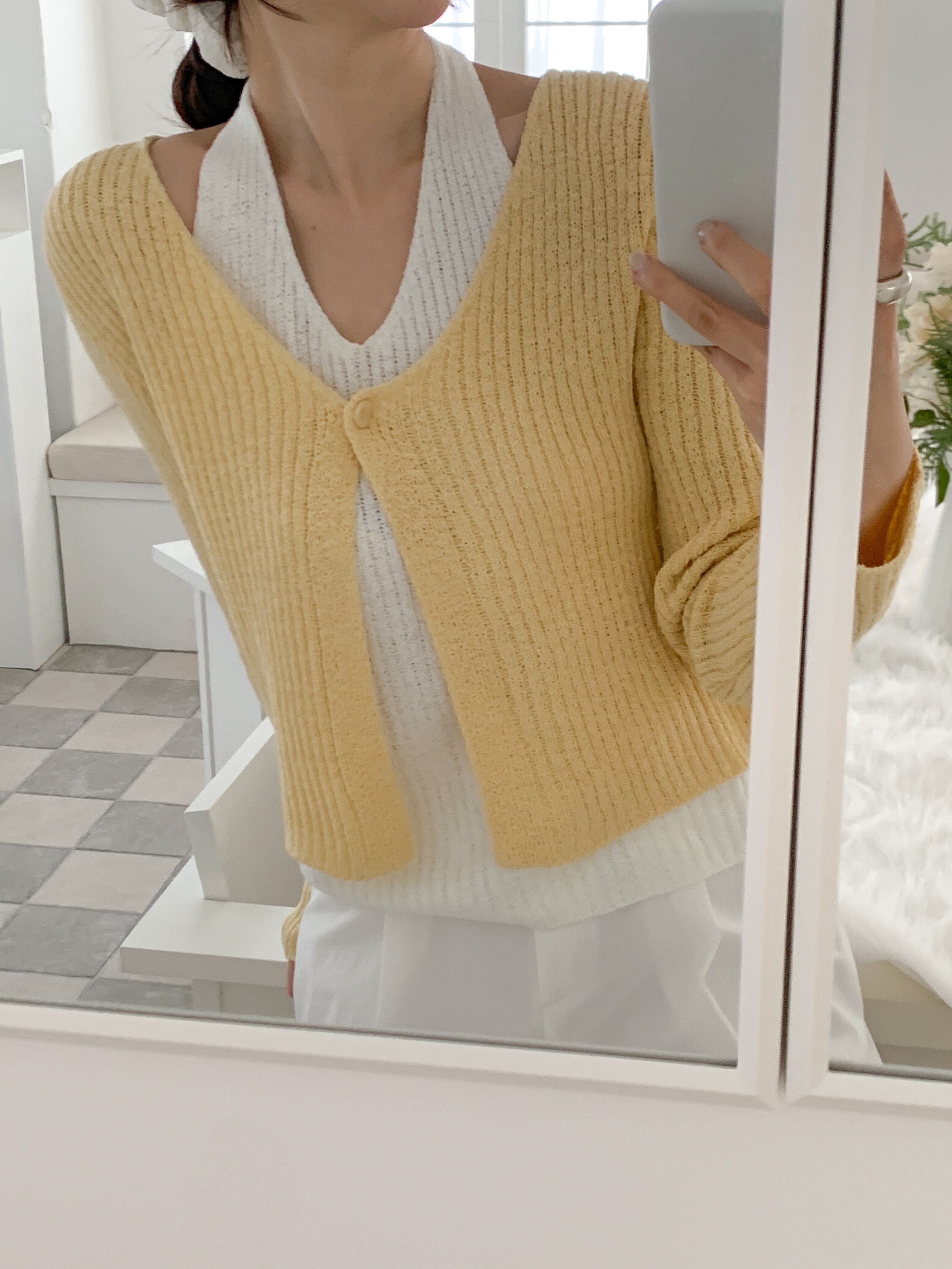 ラウンドネックホルターネッククロップドレイヤード風長袖ワンボタン無地ニット | 詳細画像6