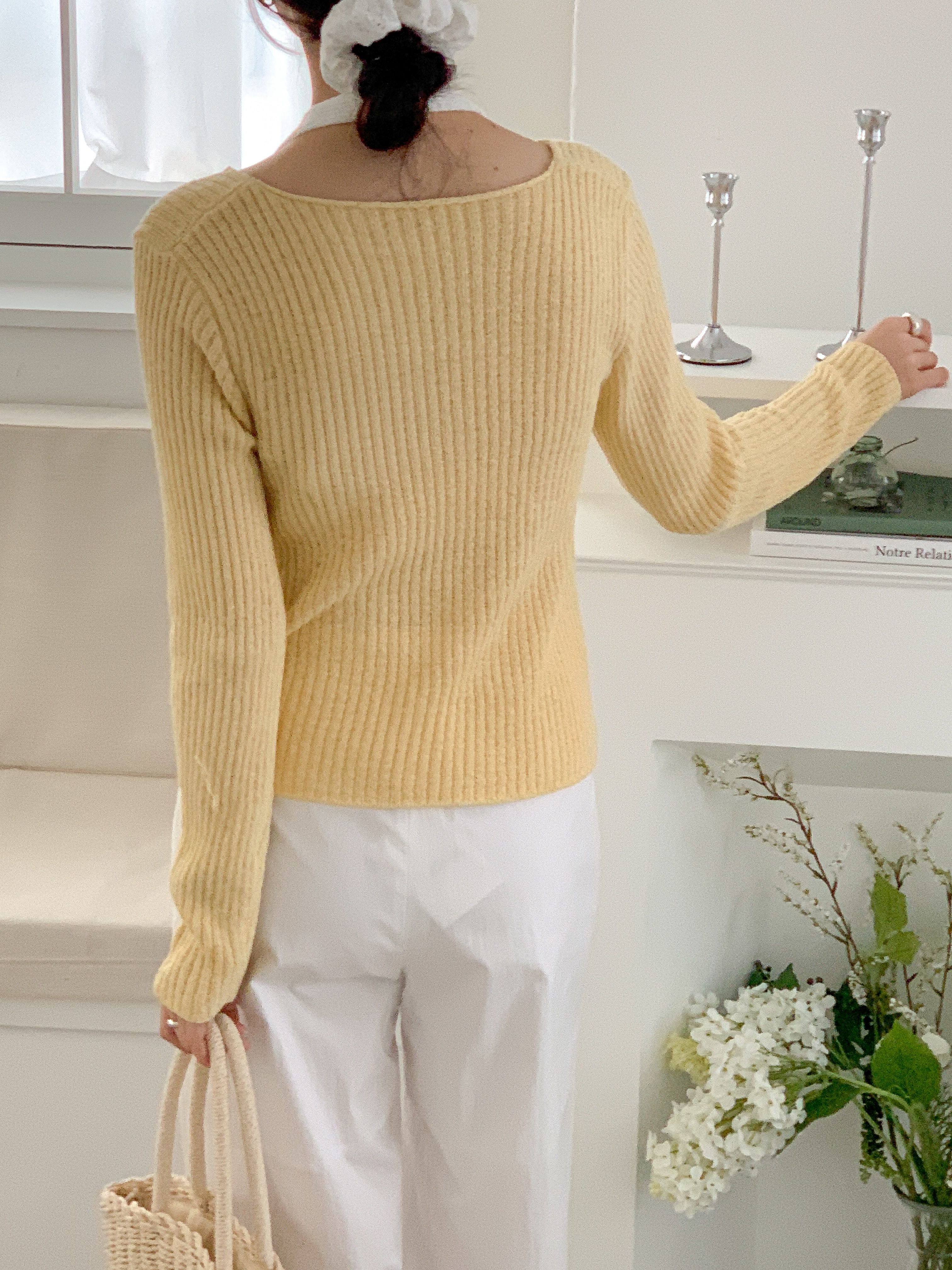 ラウンドネックホルターネッククロップドレイヤード風長袖ワンボタン無地ニット | 詳細画像8